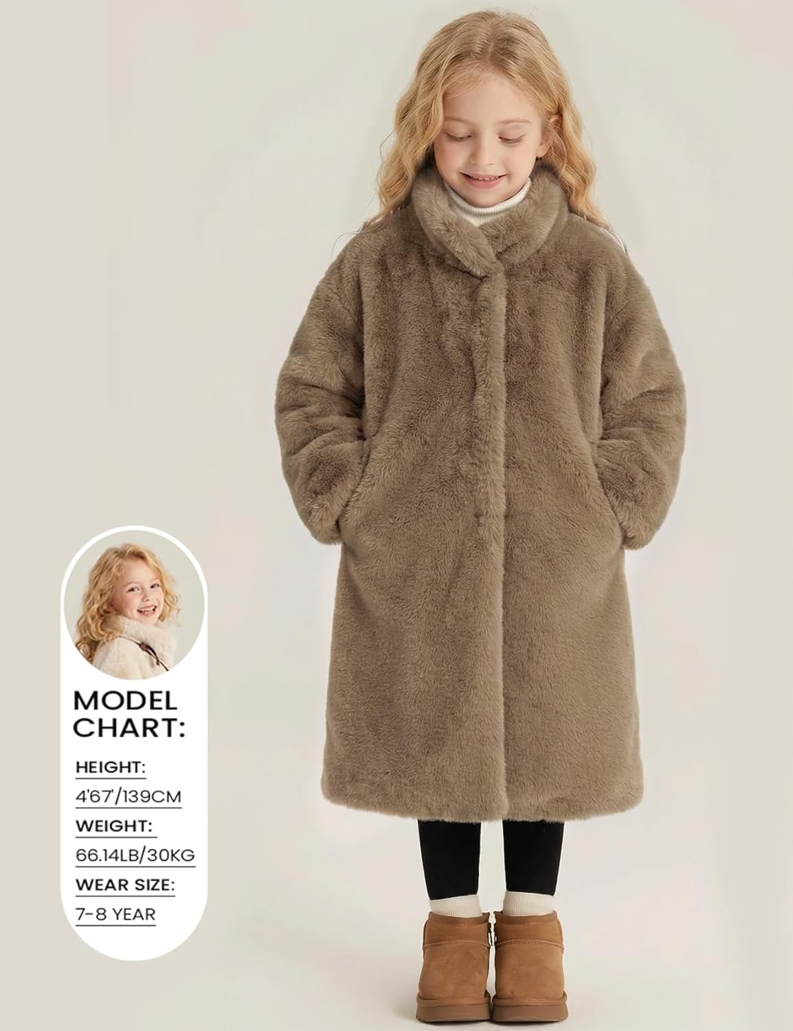 Girls Faux Fur Coat Long Sleeve Winter Fleece Fluffy Jacket Stand Collar Casual Trendy Warm Outerwear with Pockets - Image 5