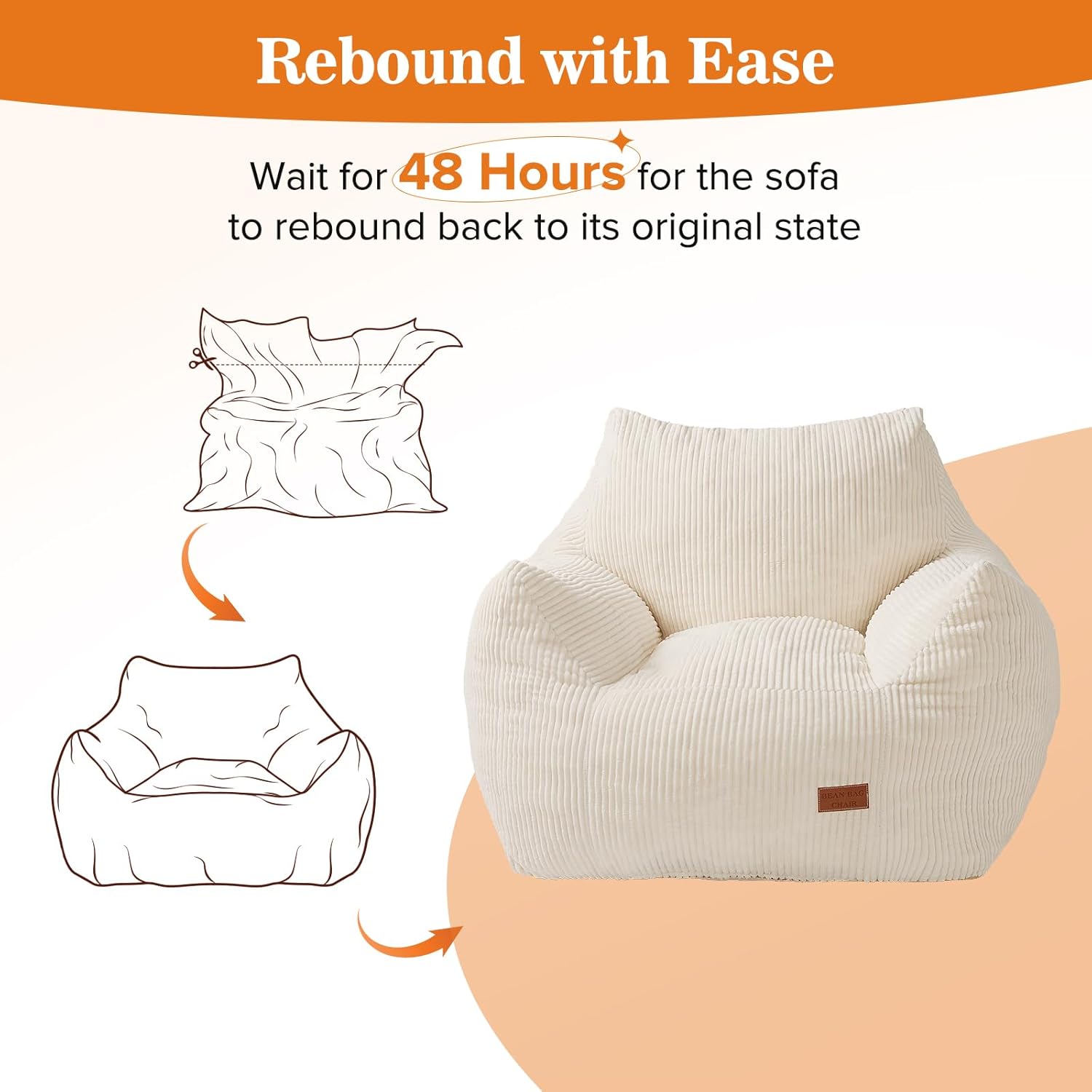 Big Bean Bag Chair for Adults, Ultra Soft Living Room Bean Bag with Armrests, Stuffed BeanBag Chair for Napping, Gaming, Vacuum-Compressed for Easy Gifting, 48 Hours to Fluffs Up, Beige