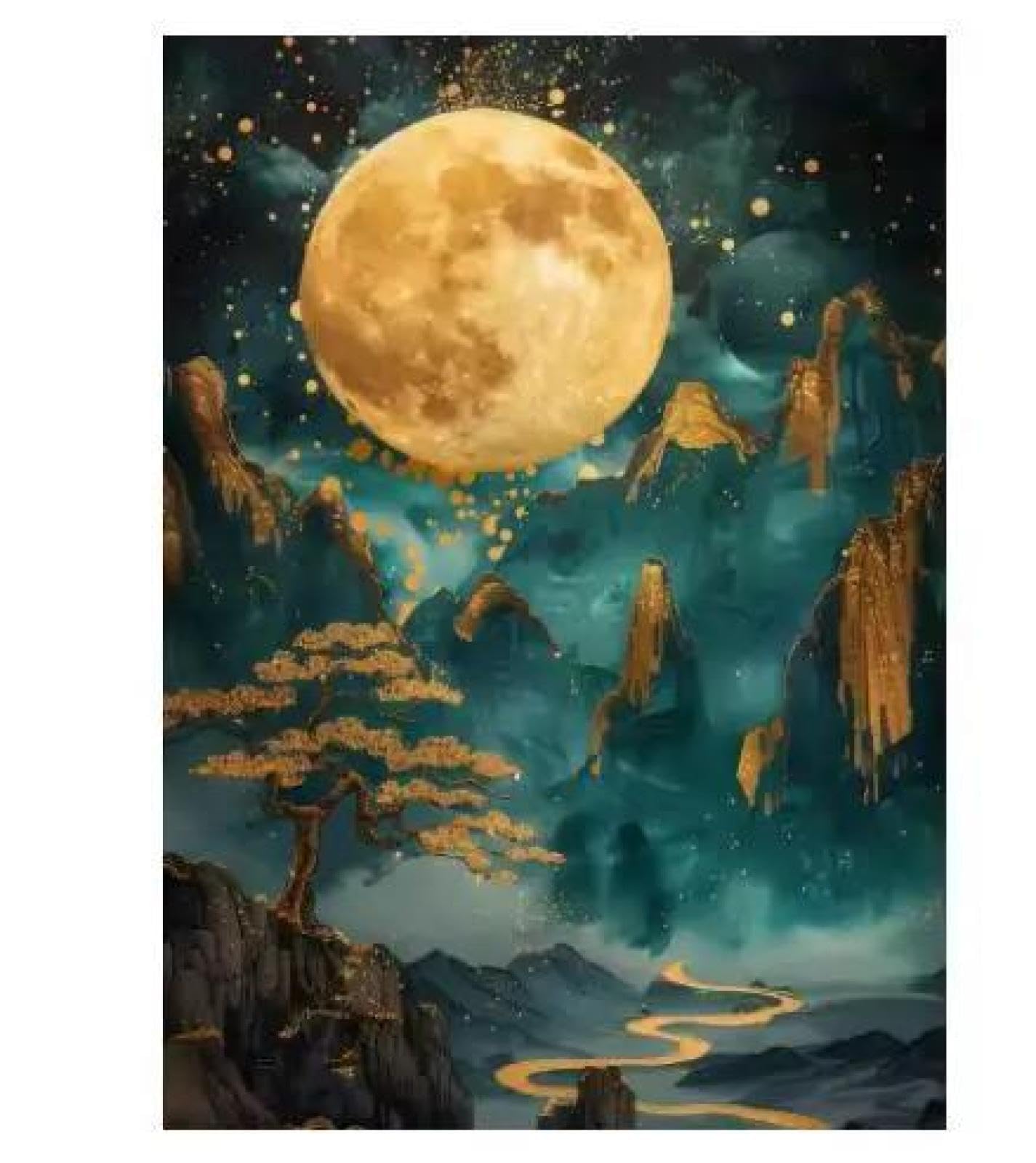 Baibexing Golden Moon Pine Tree Waterfall Nature Mountain Forest Poster Print Canvas Painting Wall Art Picture Living Room Home Decor A1 21X30Cm Unframed