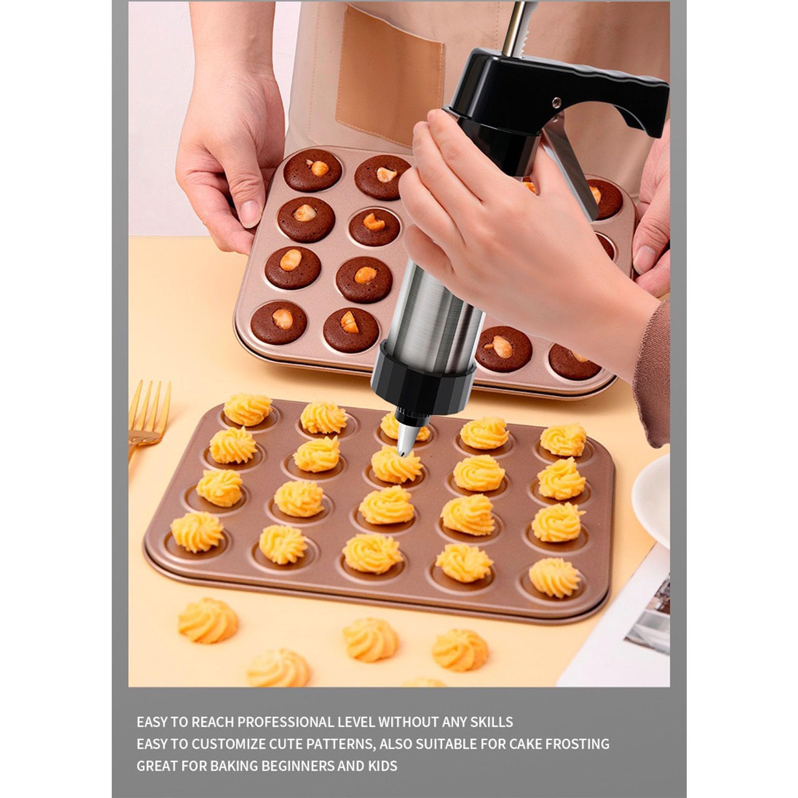 Cookie Press Kits, Pistola per Biscotti in Acciaio Inox con 7 Ugelli E 11 Taglierini, Ritorno Automatico E Impugnatura Ergonomica, Stampo Multiuso per Biscotti DIY Dessert
