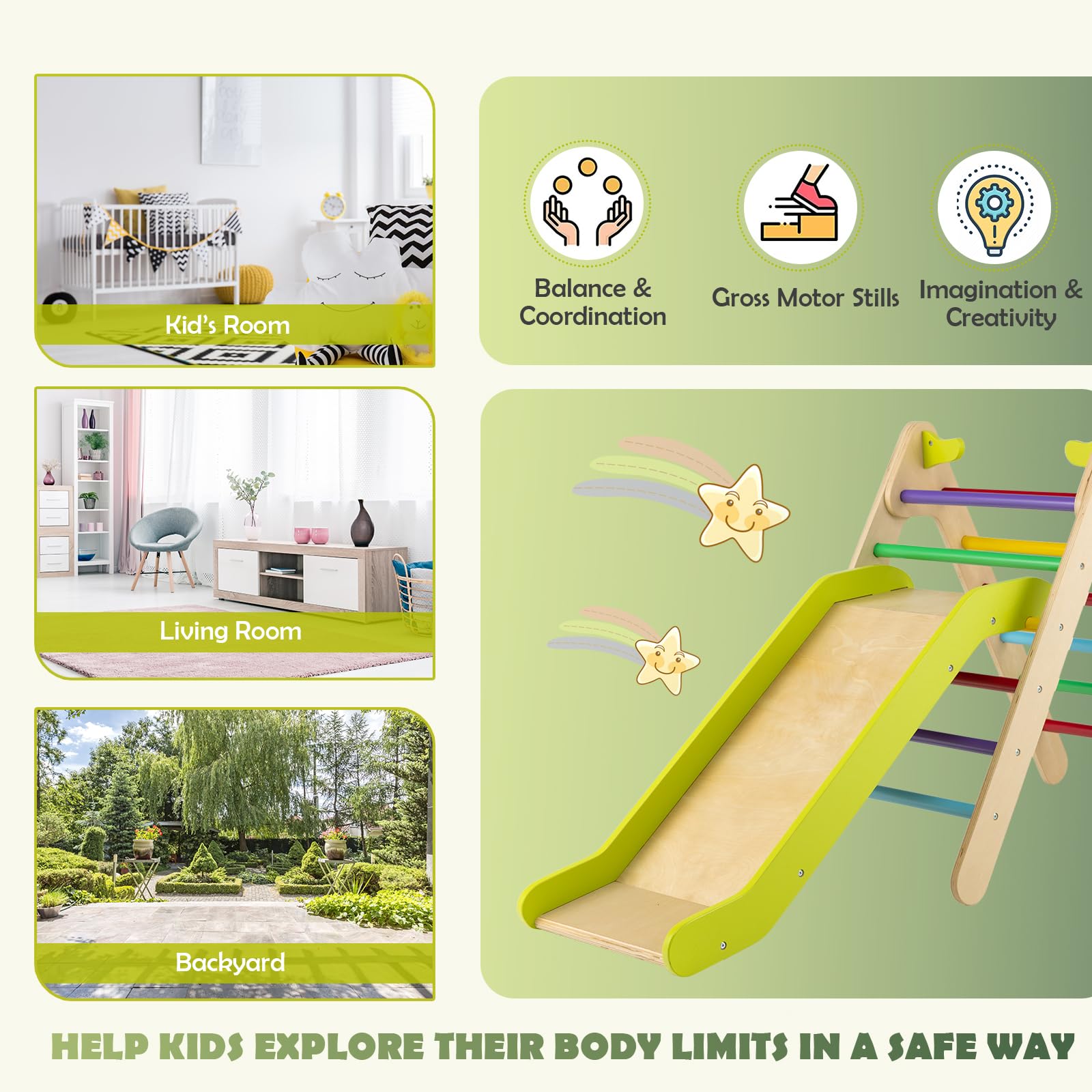 HOMASIS Triangolo da Arrampicata per Bambini con Scivolo Regolabile in Altezza, Triangolo Montessoriano per Bambini in Legno, Parco Giochi per Bambini da 1 Anno in Su, 86,5 x 73,5 x 48 cm (Colorato)