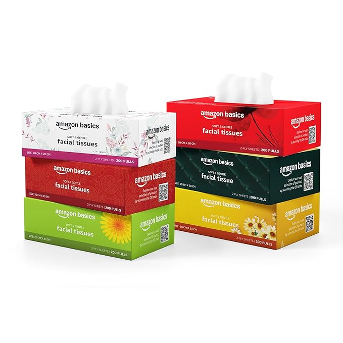 Amazon Basics 2 Ply Facial Tissue Box | 1200 Pulls | 200 Pulls X Pack of 6 | Home | Soft & Highly Absorbent Tissues