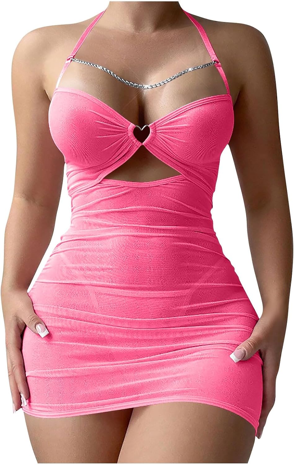Sexy Chemise Sheer Mesh Ruched Bodycon for Women Chain Cut Out Mini Lingerie Dress Exotic Slutty Nightgown