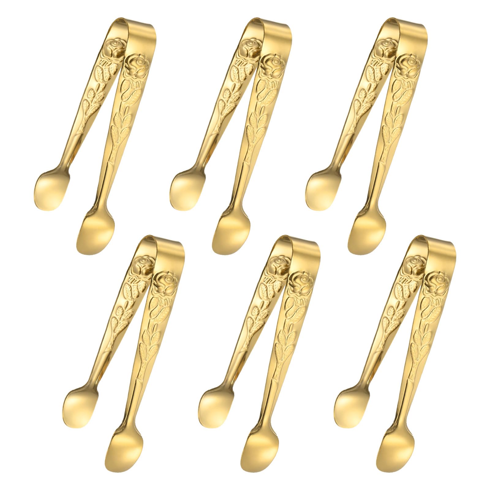 M METERXITY 6-Pack Mini Serving Tongs, 4.1 Inch 304 Stainless Steel Mini Sugar Cube Ice Tongs for Tea and Coffee Party/Outdoor Activities, Small U-Shaped Metal Accessories [Gold Tone]