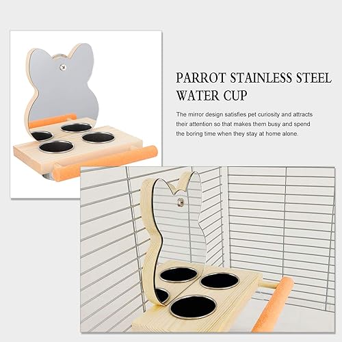 Miniatura 4 de Espejo de loro con cuenco de comida de agua, soporte de madera, accesorio de jaula para alimentación, periquitos
