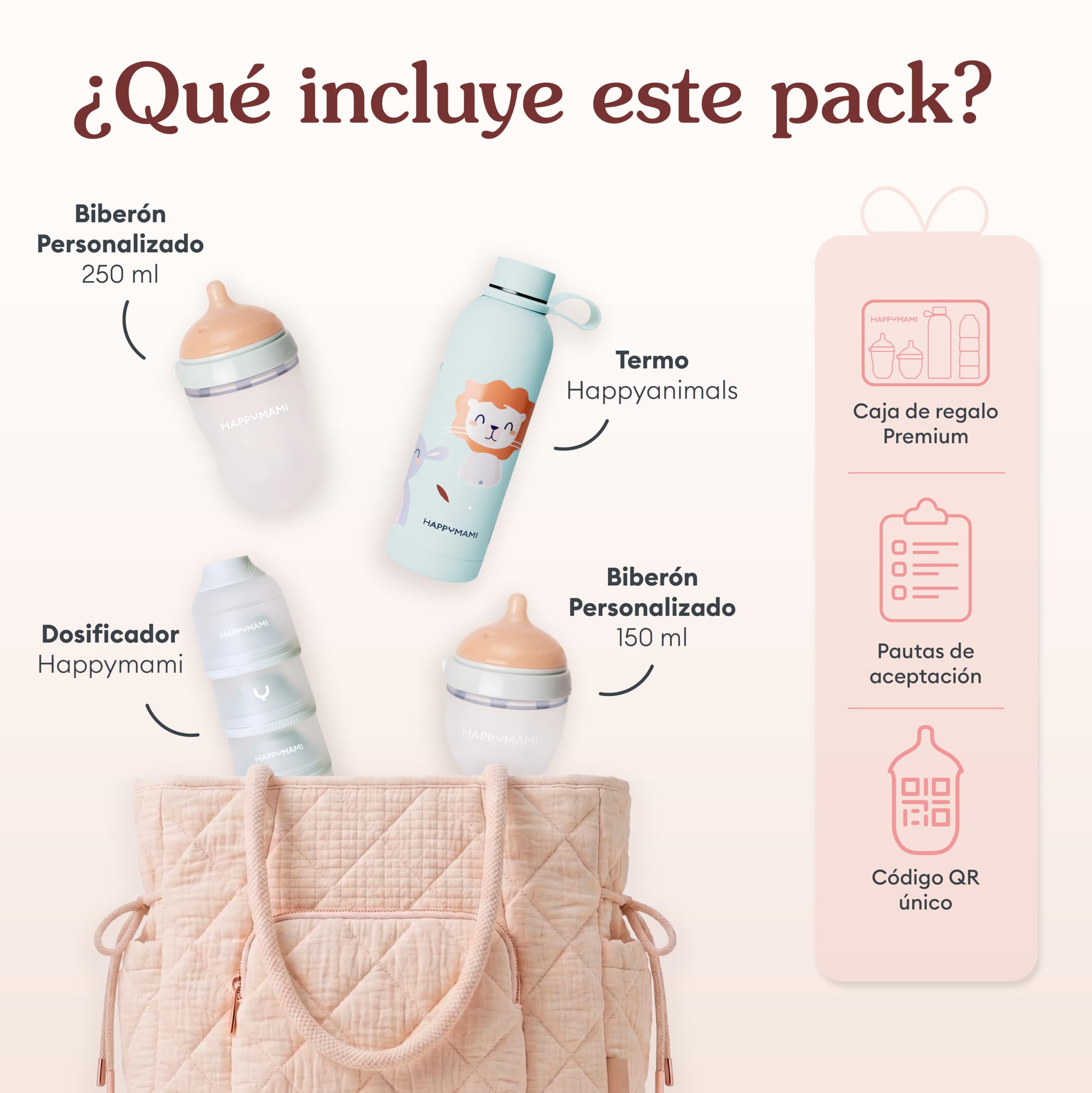 HAPPYMAMI Pack Regalo Bebé Recién Nacido | Canastilla Lactancia (Menta) | Kit con 2 biberones diseñados a medida que cuidan el vínculo, termo y dispensador. Regalo ideal para baby shower.