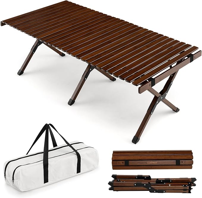 COSTWAY Folding Picnic Table, 4FT Roll Up Camping Table with Storage