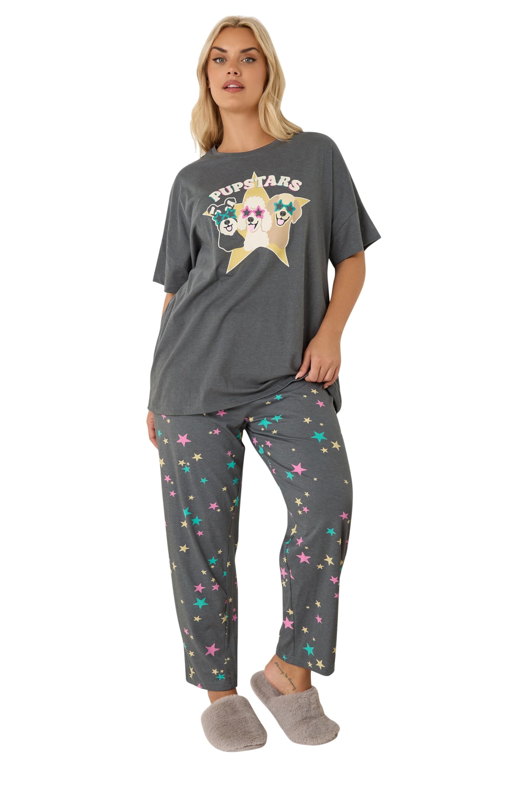Yours Women's Pyjama Set - Short Sleeve, Wide Leg - Charcoal