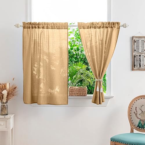 Miniatura 2 de Yancorp Khaki Kitchen Tier Curtains - 36 Inch Linen Textured Short Farmhouse Cafe Curtains for Small Windows in Bathroom or Laundry Room
