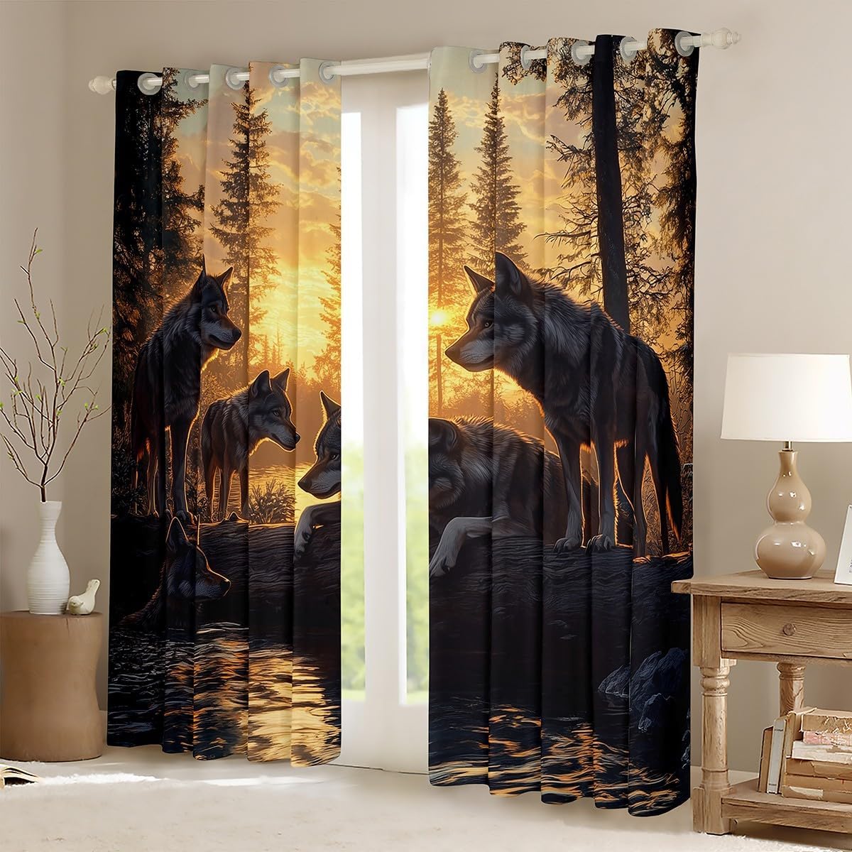 Feelyou Wolf Curtains Wild Animal Window Drapes Treatments for Kids Boys Girls Hunting Window Drapes Woodland Wildlife Forest Window Treatments, 38W X 54L,2 Panels