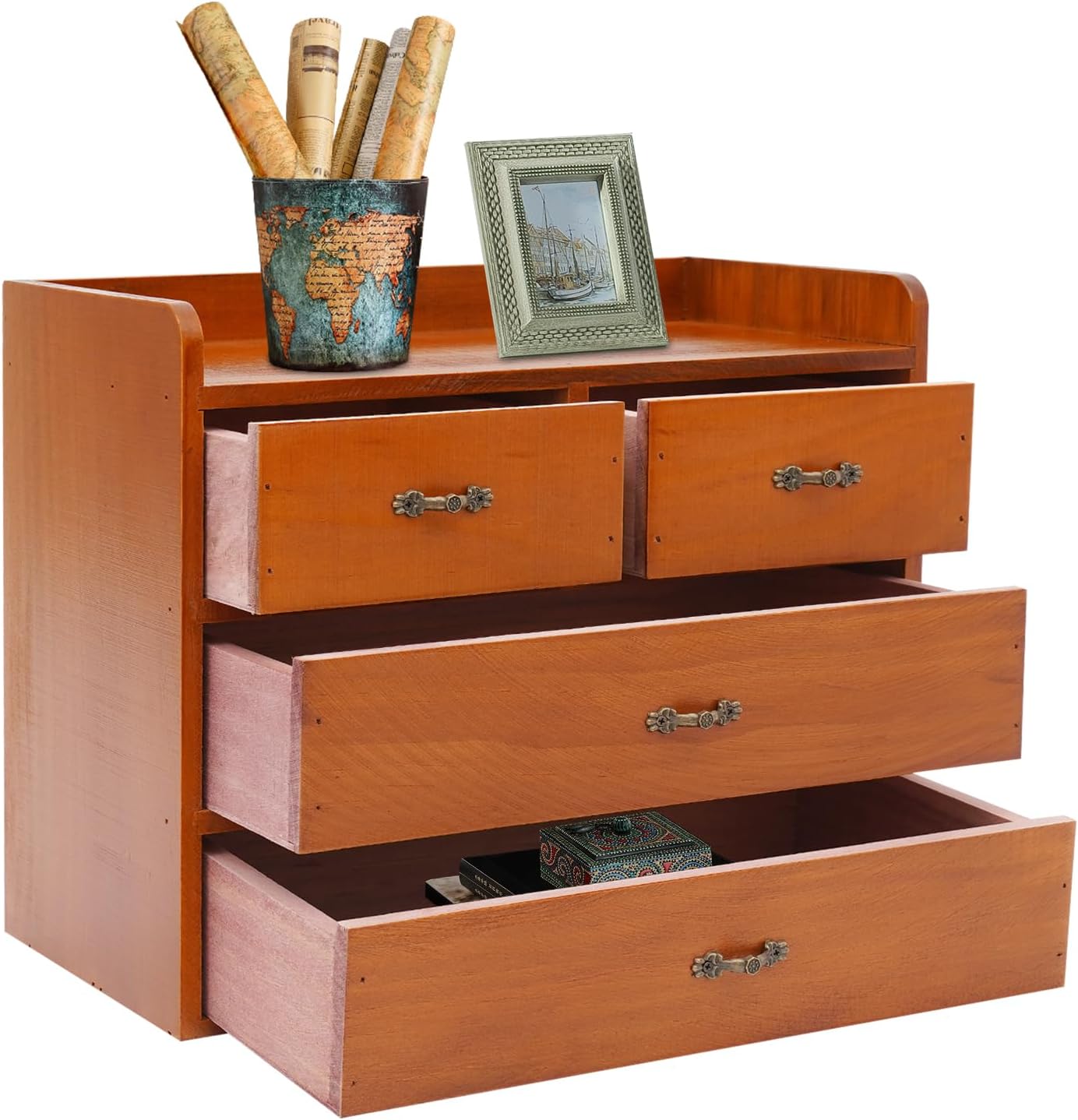 Wooden Desktop Organizer - 3-Tier Office Supplies Filing Tidy Storage Shelf - Storage Cabinet/Jewelry Organizer with 4 Drawers