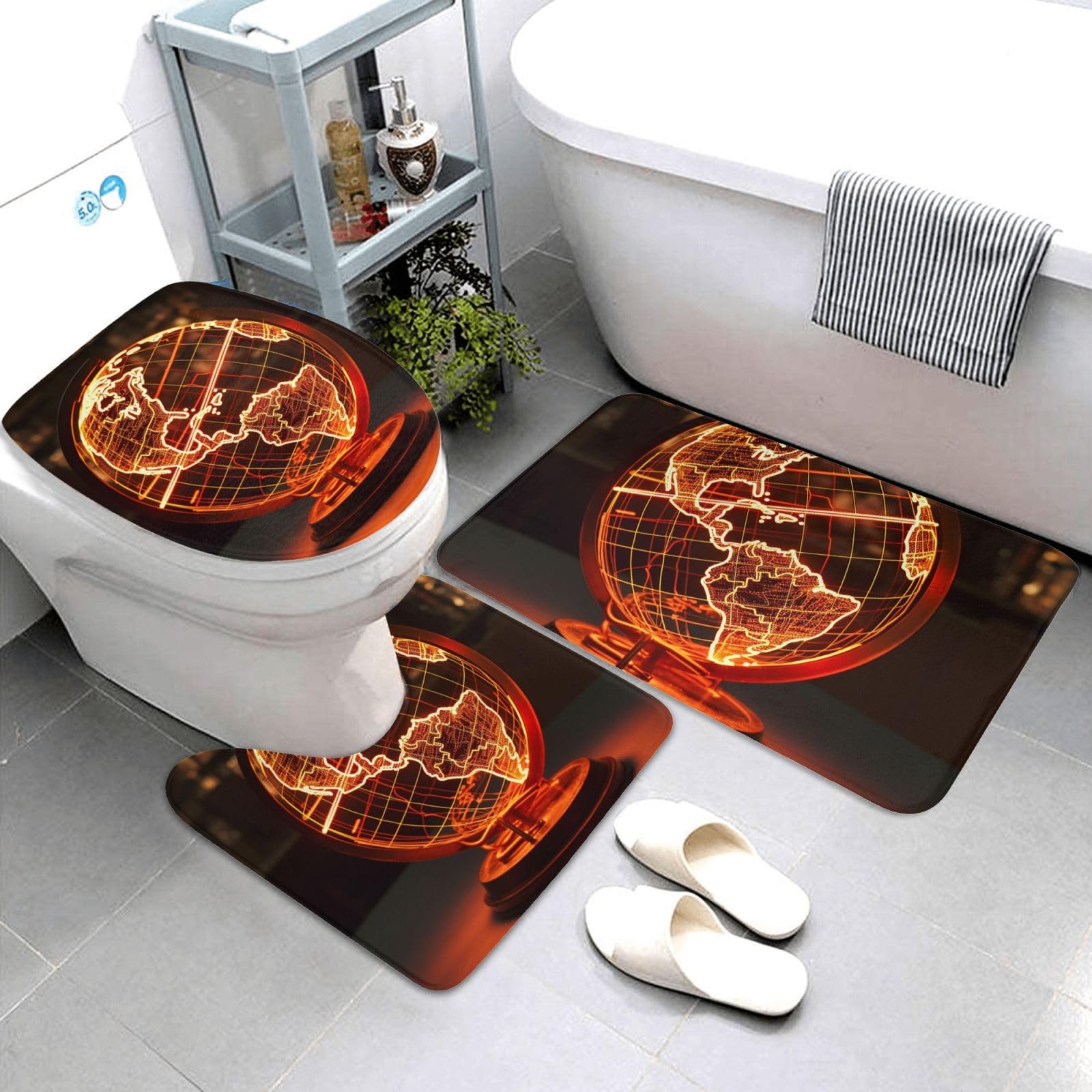 Dwrepo Electric Globe Print Bathroom Rug Set 3 Piece with Non-Slip U-Shaped Contour Mat and Toilet Lid Cover for Bathroom Decoration