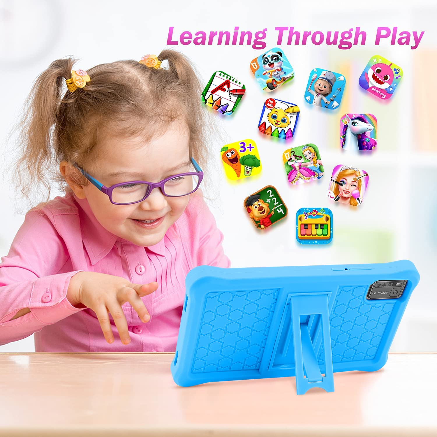 Tablet per bambini 7 Pollici Android 13 Tablet con Controllo Parentale, 8GB RAM+64GB ROM(128GB Espandibile), Doppia Fotocamera, Bluetooth, App preinstallate per Kids Tablet PC con Custodia (Blu)