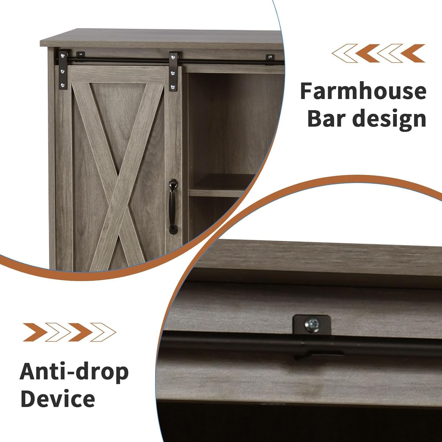 4 EVER WINNER Farmhouse Coffee Bar Cabinet with Sliding Barn Door, 42” Coffee Bar Table with Adjustable Shelves, Buffet Cabinet with Storage for Kitchen Living Dining Room, Wash Grey