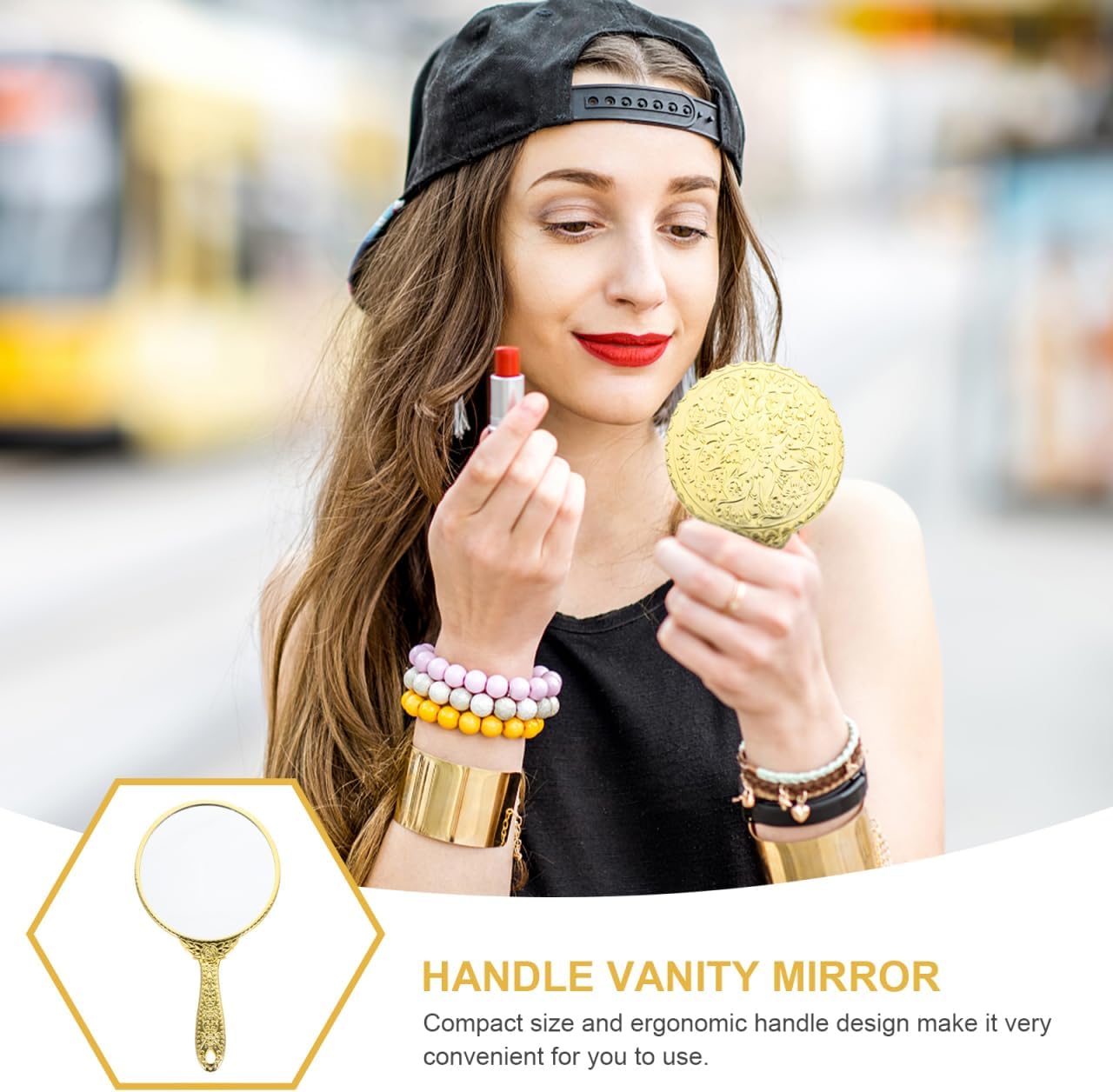 minkissy Vintage Handheld Mirror Gold Retro Lightweight Makeup Hand Mirror with Handle for Travel Home