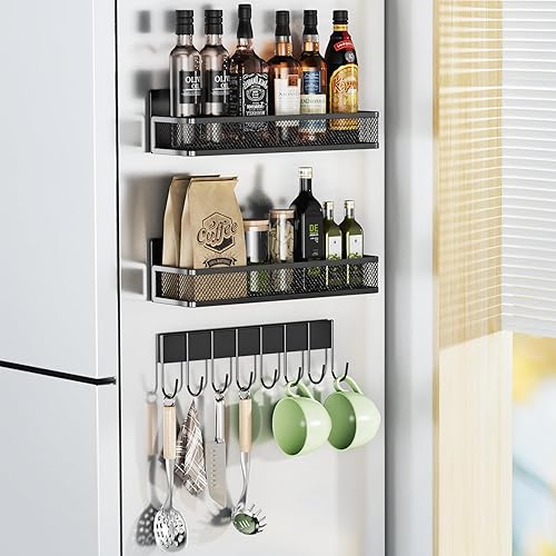Housmile Estante magnético para especias, paquete de 3 estantes magnéticos móviles, organizador de nevera, estantes magnéticos para organización y