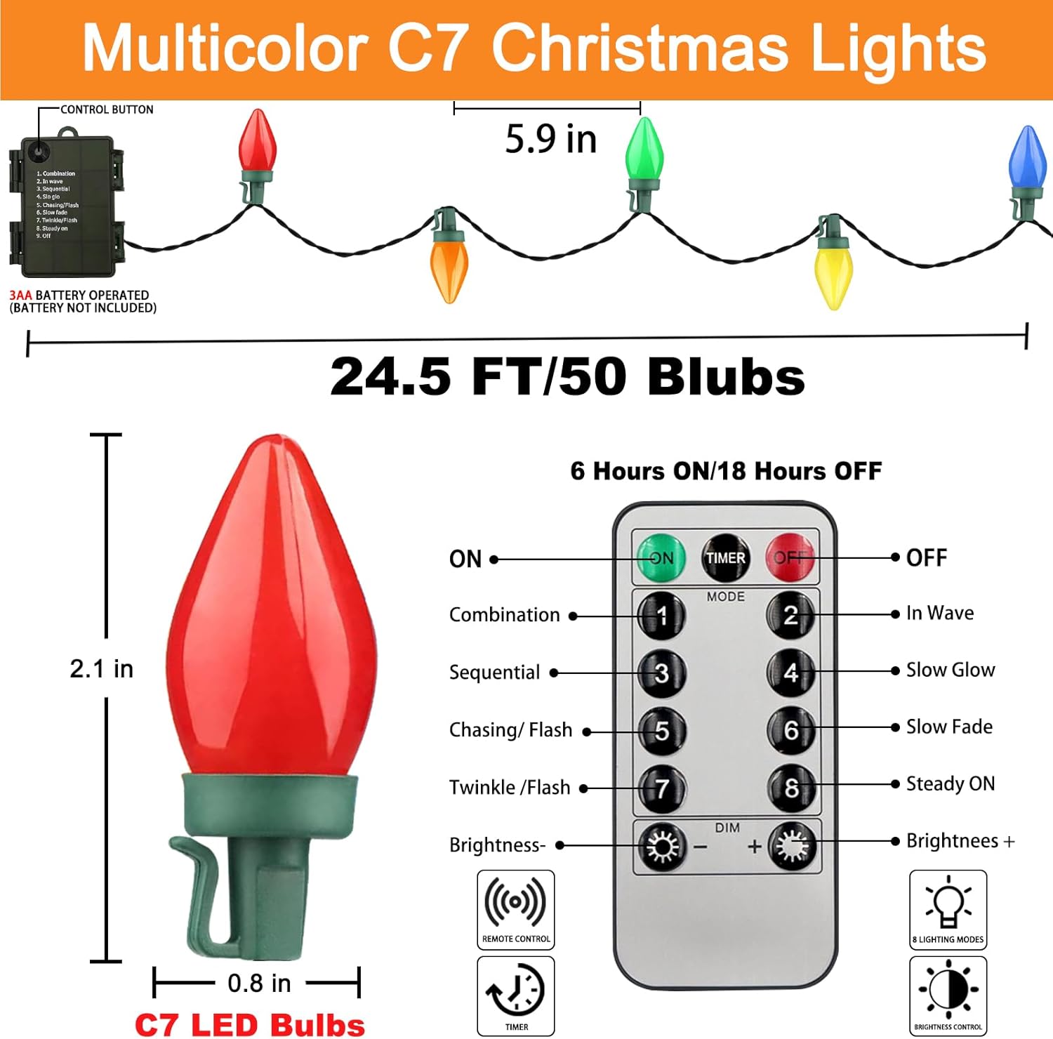 Set of 50 Size 24 ft LED C7 Christmas Lights,24Ft C7 Christmas Lights Battery Operated String Lights Remote Timer 8 Lighting Modes for Indoor Outdoor Xmas Tree Garden Patio Party Christma Decorations