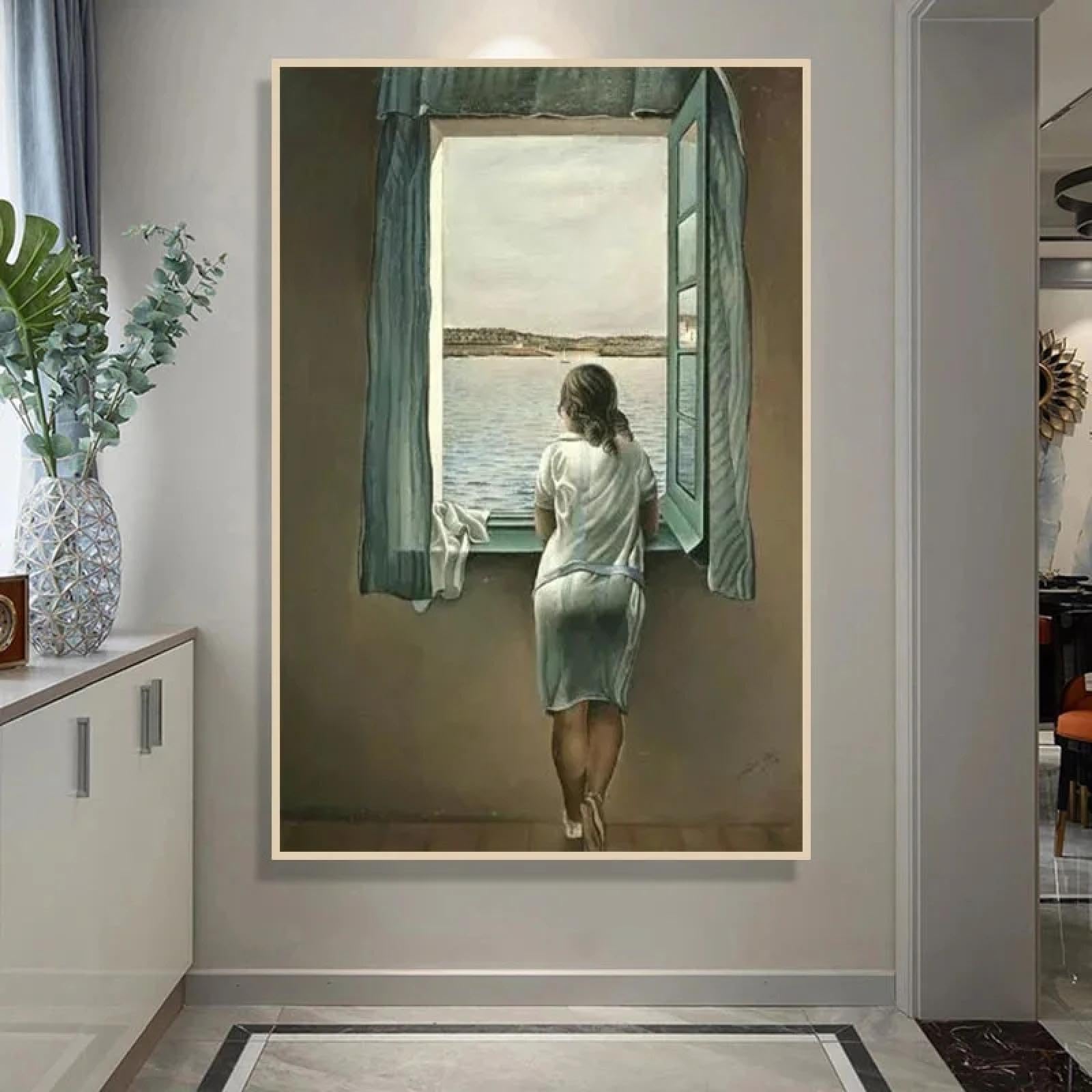 Jacbon Frameless Salvador Dali Woman At The Window Posters And Prints Woman Canvas Wall Art Pictures For Living Room Decor Figure Painting 50X75cm
