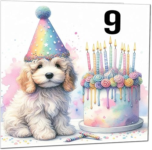 9th Kids Birthday Card - Cute dog watercolour rainbow Birthday Card for 9 Year old Kids Nine, Ninth