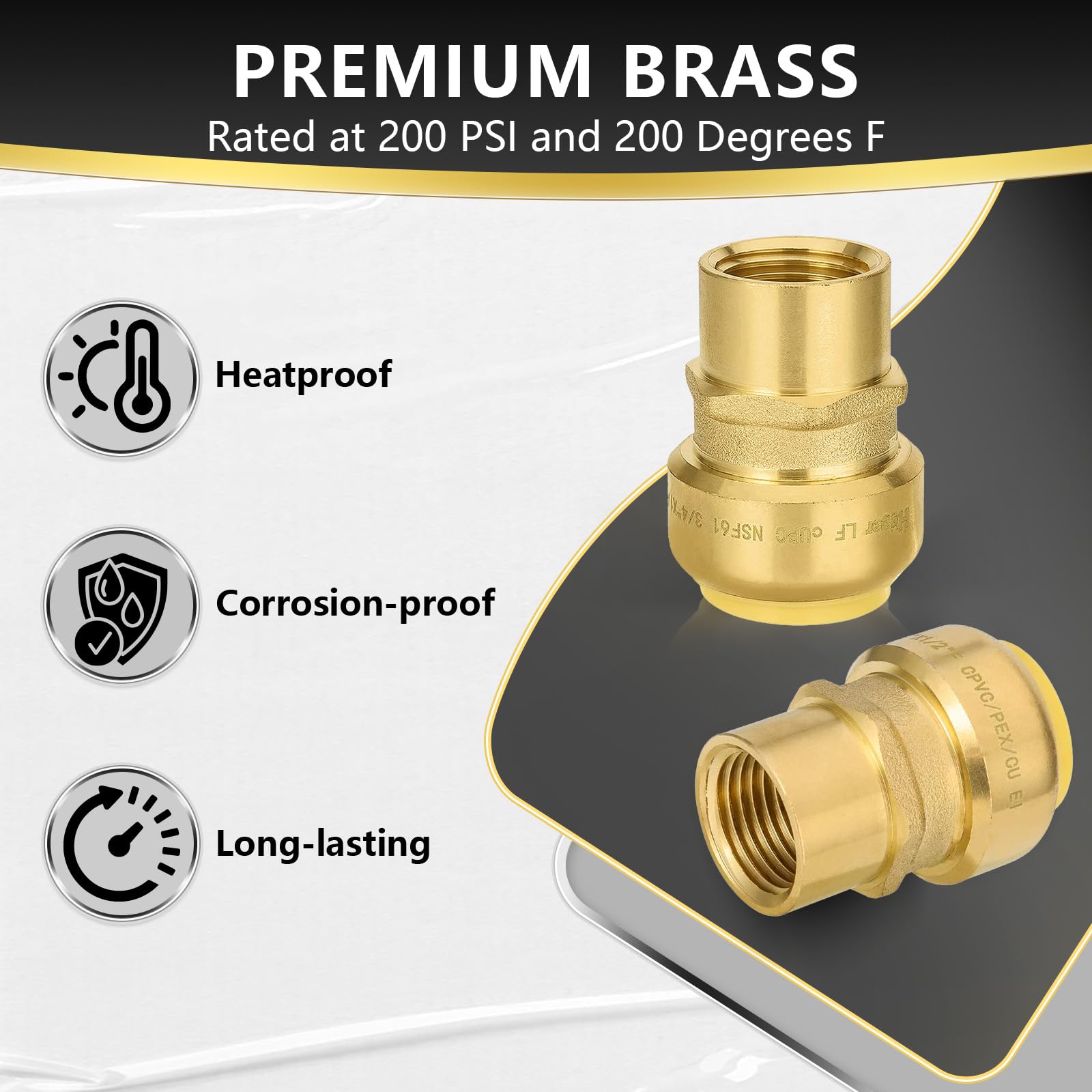 10 szt. złączek mosiężnych Foskan 3/4" Push-to-connect x 1/2" z gwintem wewnętrznym, do łączenia rur PEX, miedzianych, C, PE-RT, z zaciskiem rozłączającym do napraw hydraulicznych (PTC x FNPT)