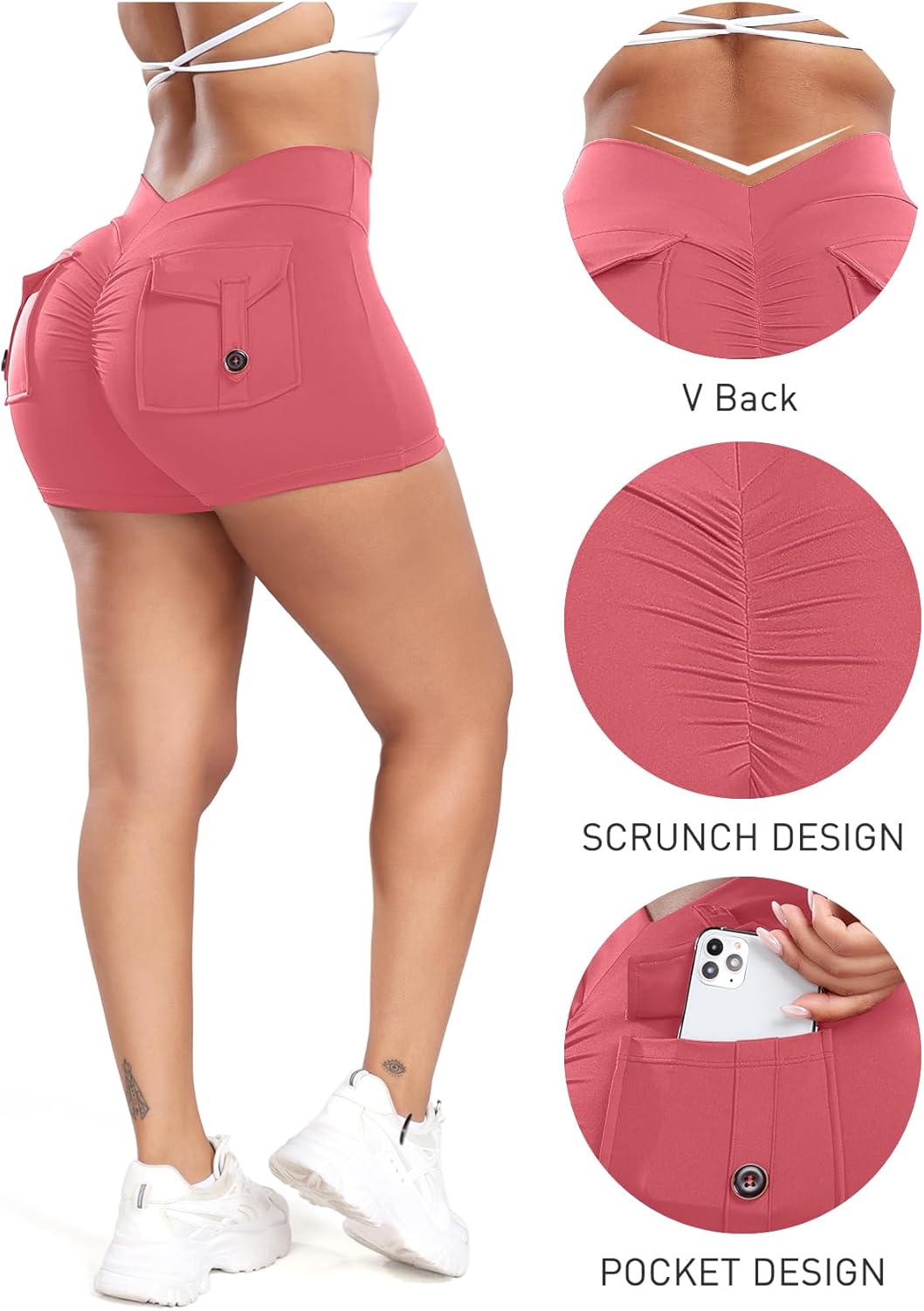 SEASUM Women Pocket Shorts 3"/4.5" Scrunch Butt Workout Cargo Shorts V Waist Yoga Booty Lifting Gym Bottom - Image 4