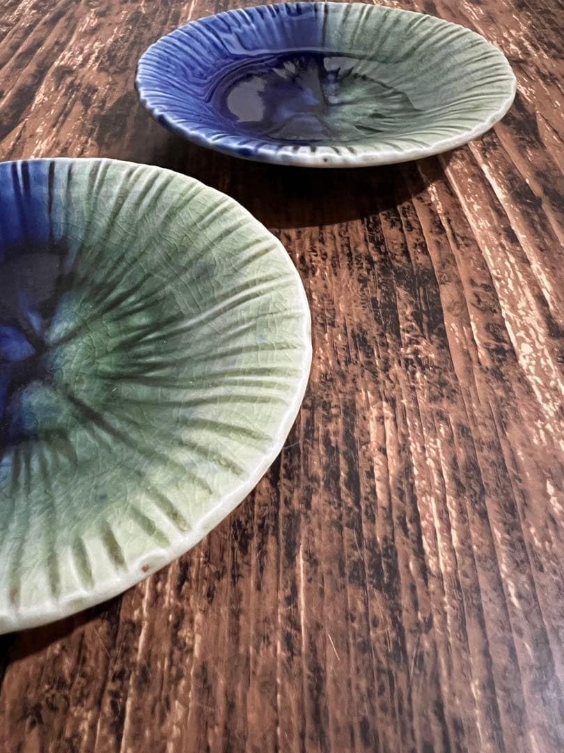 削り模様 グリーンブルー小皿2枚 和洋食器 美濃焼 オシャレ 磁器 カフェ風