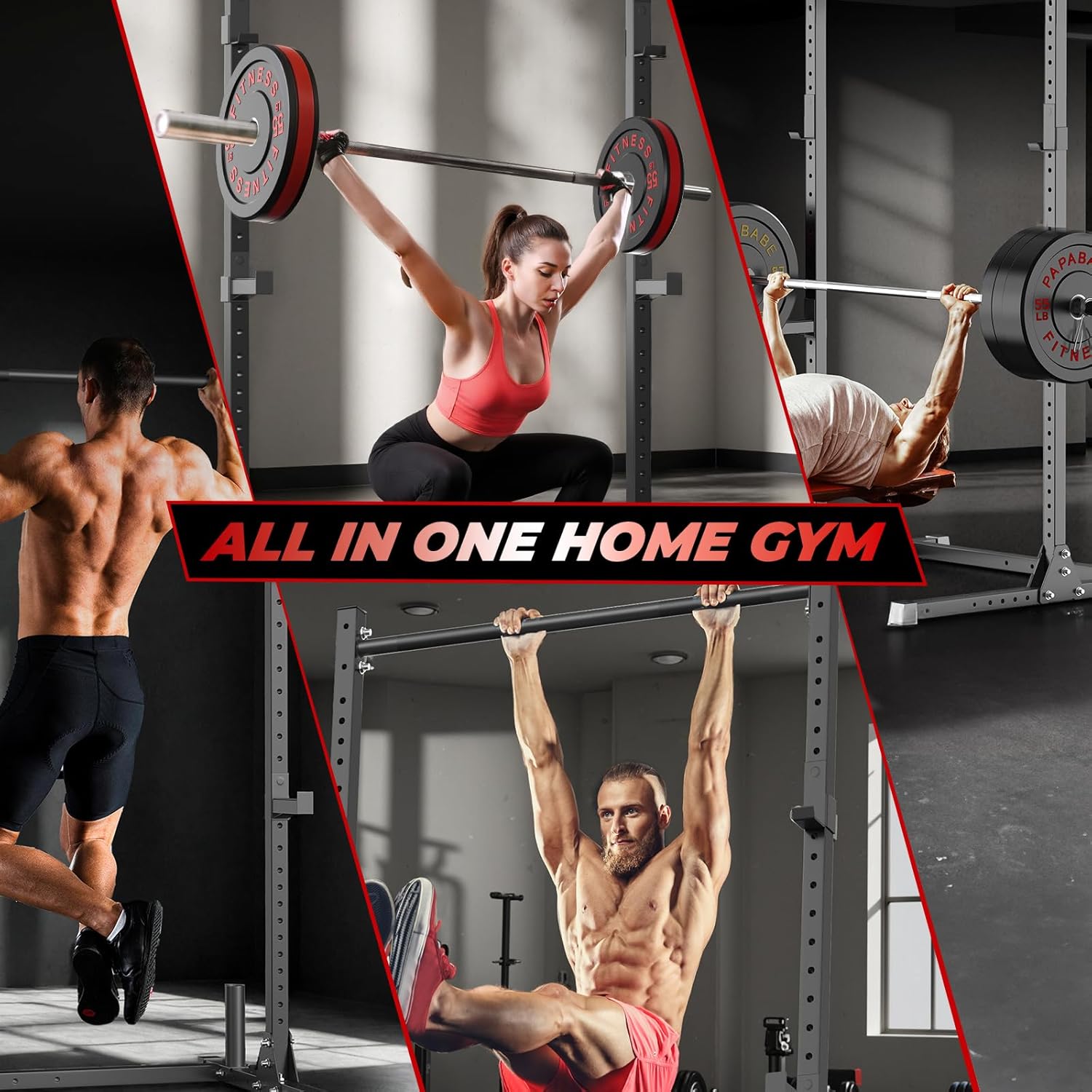 papababe Squat Rack with Pull Up Bar, Multi-Functional Power Rack with J-Hooks and Safety Arms, Workout Rack with Plate Stake and Barbell Storage for Home and Garage Gym