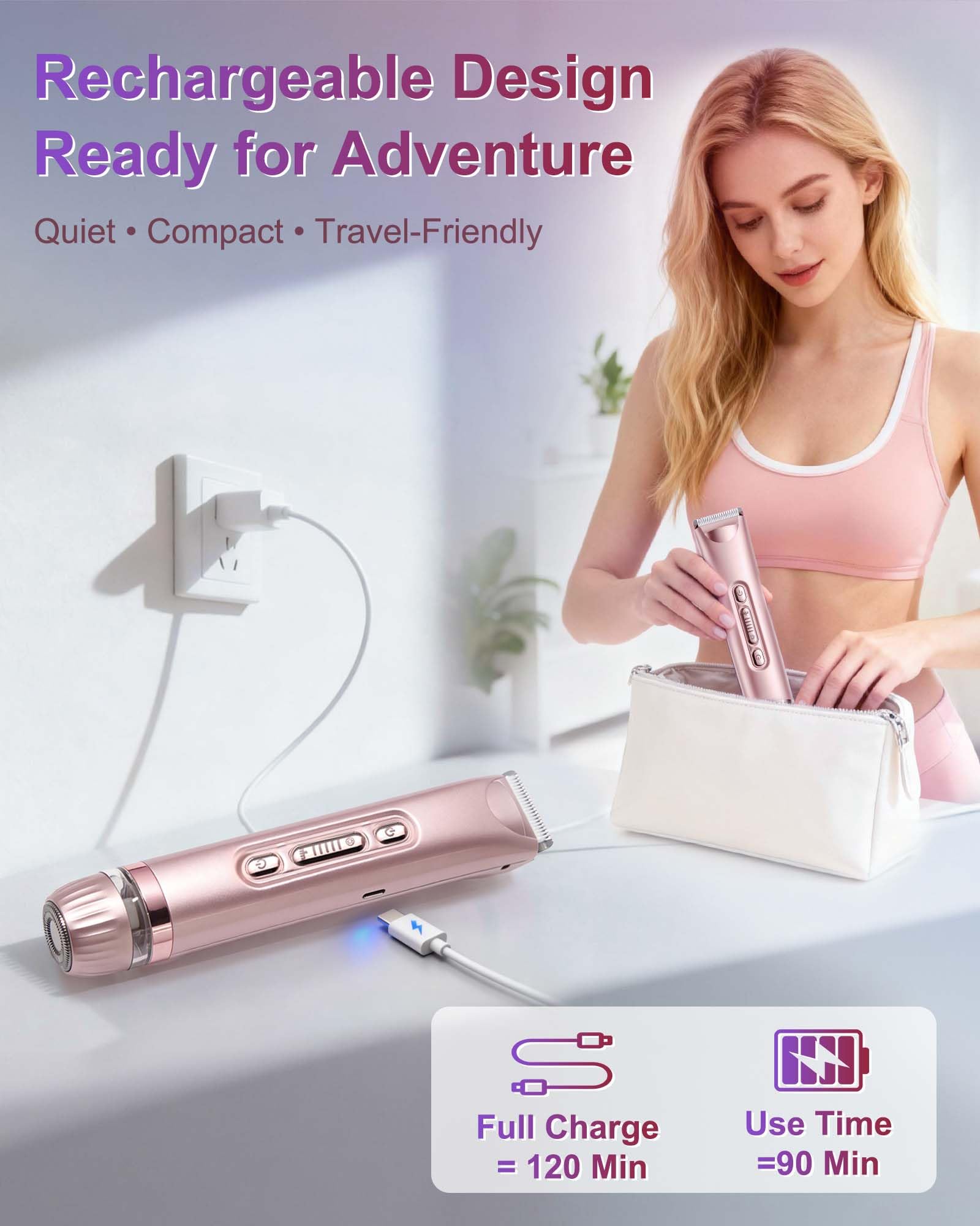 2 in 1 Dual Head Damen Elektrischer Haarschneider und Haarentferner Rose Gold mit Eingebautem LED-Licht USB-C Wiederaufladbar