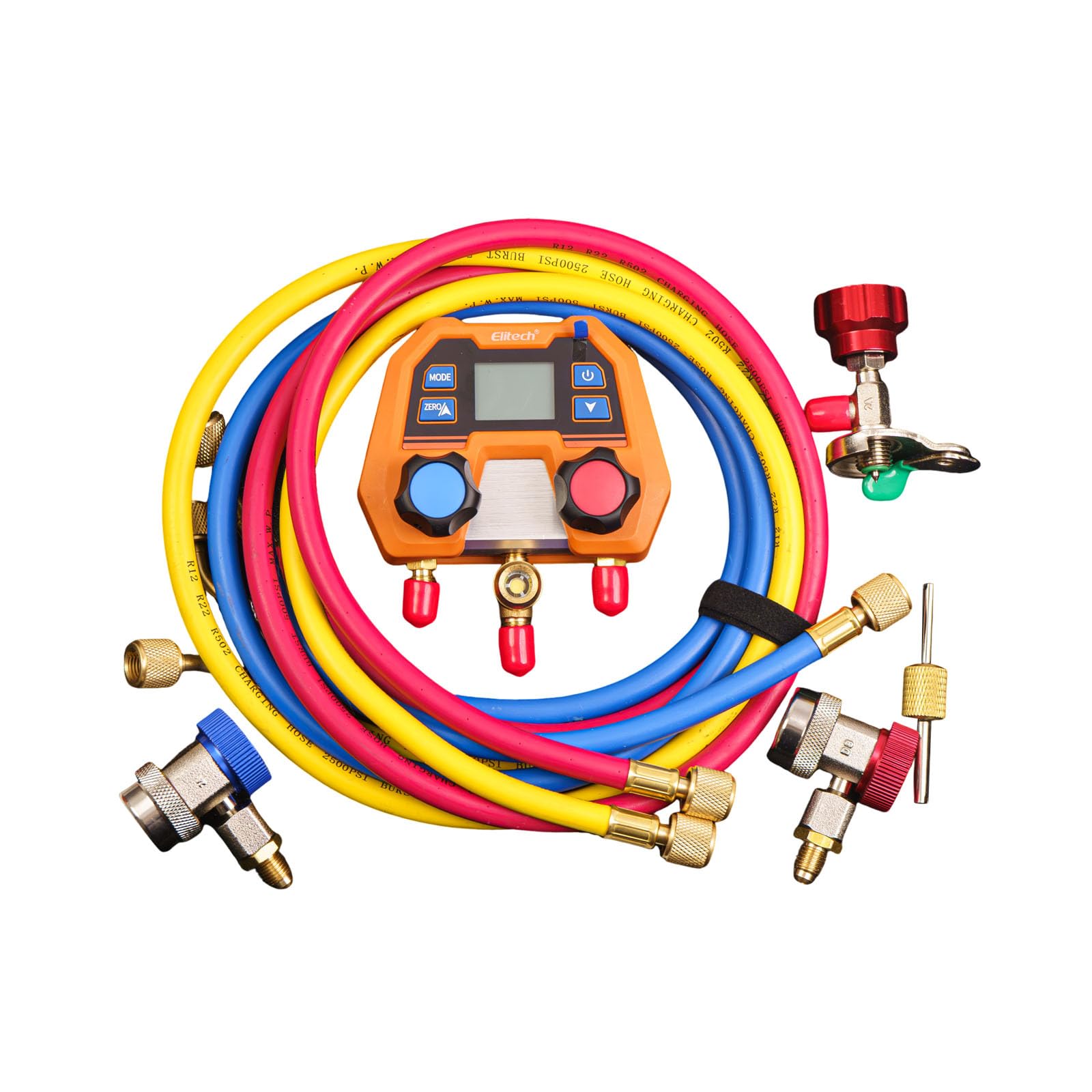 Elitech DMG-2SE Set di Manometro Gas Refrigerante Digitale AC, Manifold di Pressione per Climatizzazione Auto, Supporta 88 Refrigeranti R32 R134a ecc. Valvola a 2 Vie con Custodia Antiturto