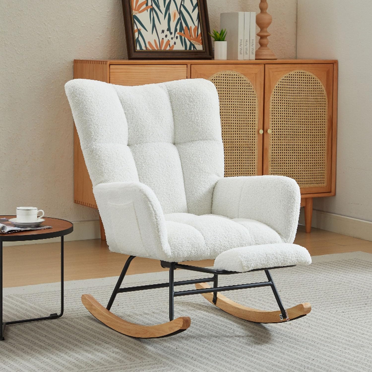 Modern Nursery Rocking Chair w/Retractable Footrest,Upholstered Glider Recliner with High Backrest and Wood Legs,Teddy Accent Armchair for Nursery,Bedroom Living Room (White)