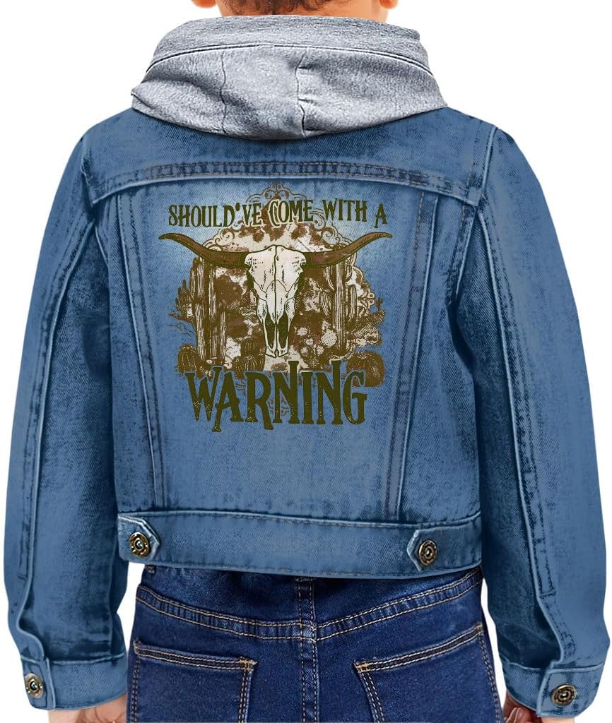 Should've Come With a Warning Toddler Hooded Denim Jacket - Gift Ideas for Son - Retro Cowboy Clothing - Denim with Gray, 12-18 Months