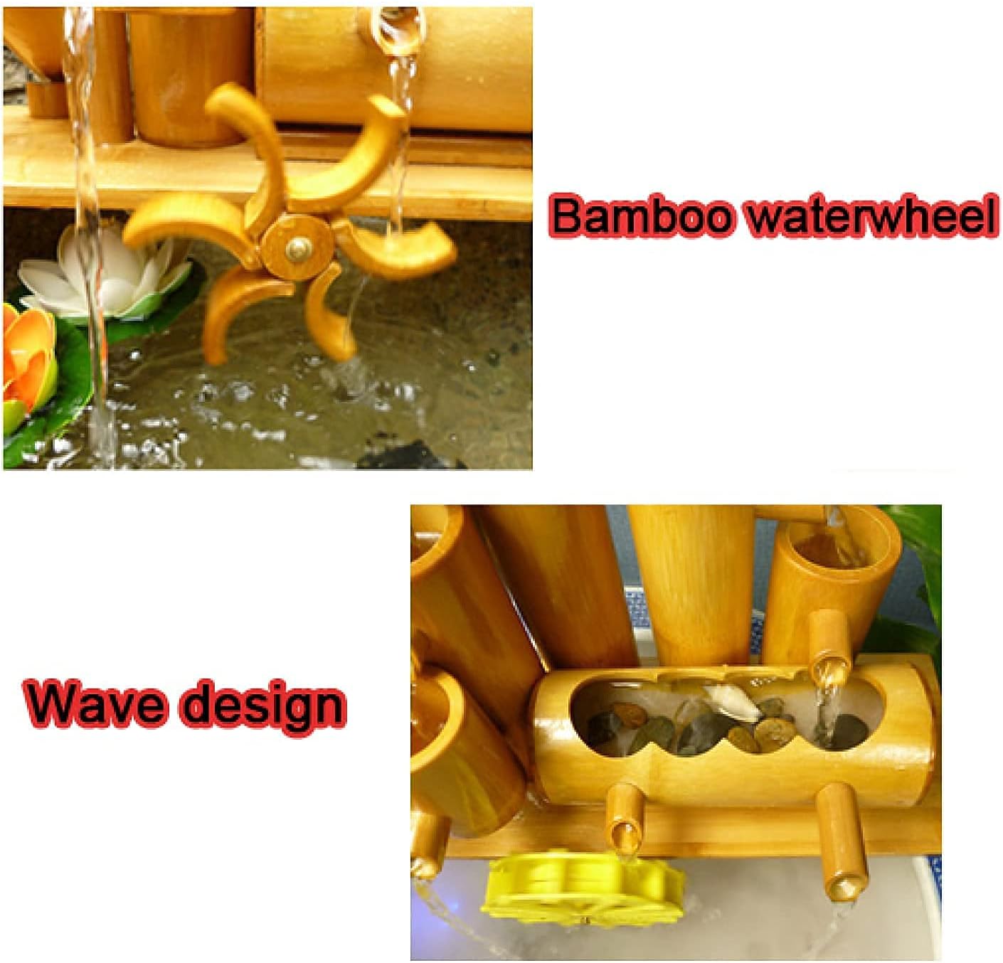 Bamboo Fountain Decor, Garden Water Feature, with Water Pump, Waterwheel and 3 Lotus, Outdoor FlowingGarden Decoration