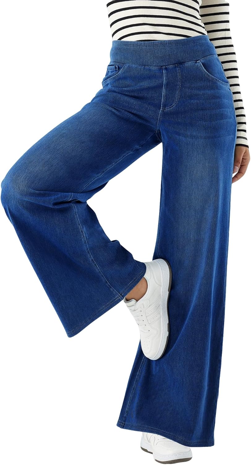 Zeronic Women's High Waisted Denim Jeans Stretchy Wide Straight Leg Tummy Control Pockets Baggy Trendy Casual Loose Fit Pants