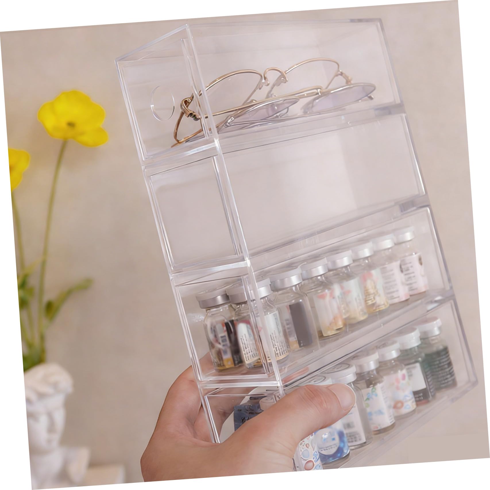 ibasenice Organizer Cosmetico Raffinato e Pratico Contenitore in Acrilico Trasparente 4 Scomparti Impilabili per Trucco e Gioielli per Bagno