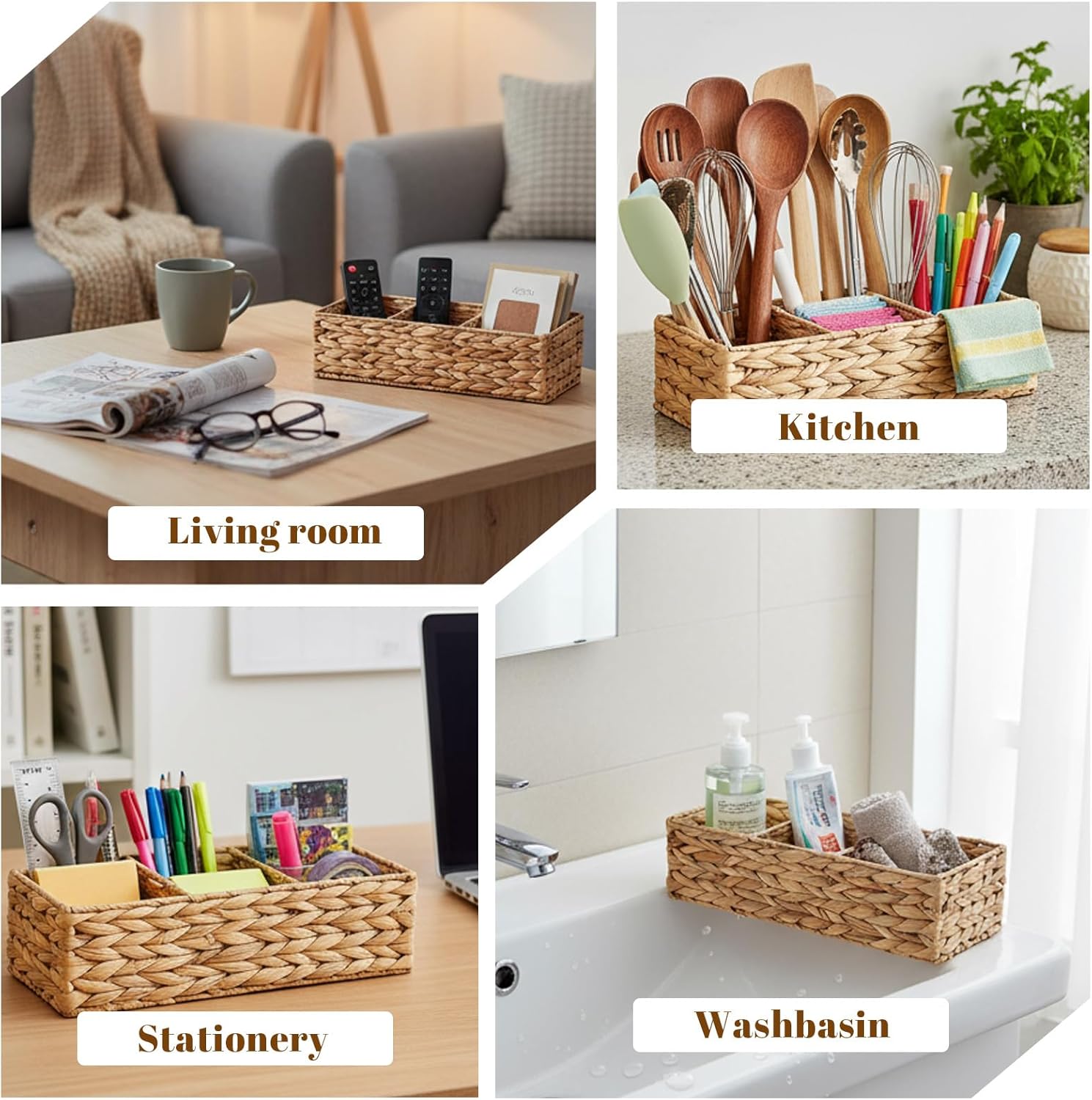 WLLHYF 2 Pack 3-Section Wicker Baskets Water Hyacinth Storage Bin Bedroom Decor Basket Toilet Paper Holder Handwoven Desk Organizer Rectangle Container for Vanity Bathroom Pantry Coffee Table Decor