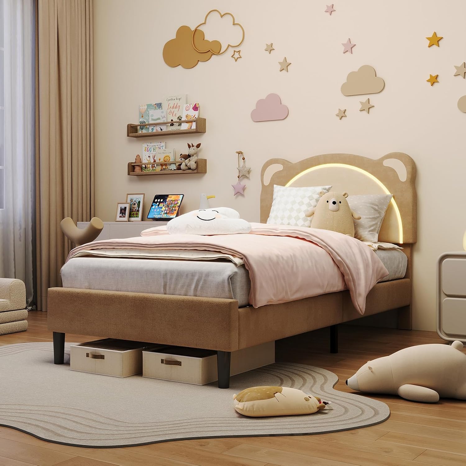 GarveeHome Twin XL Size with LED Lights,Adjustable Headboard with Cute Bear Design,Soft Velvet Fabric Bed Frame for Kids,Solid Wood Slat Support,Noise-Free,Easy Assembly,Brown