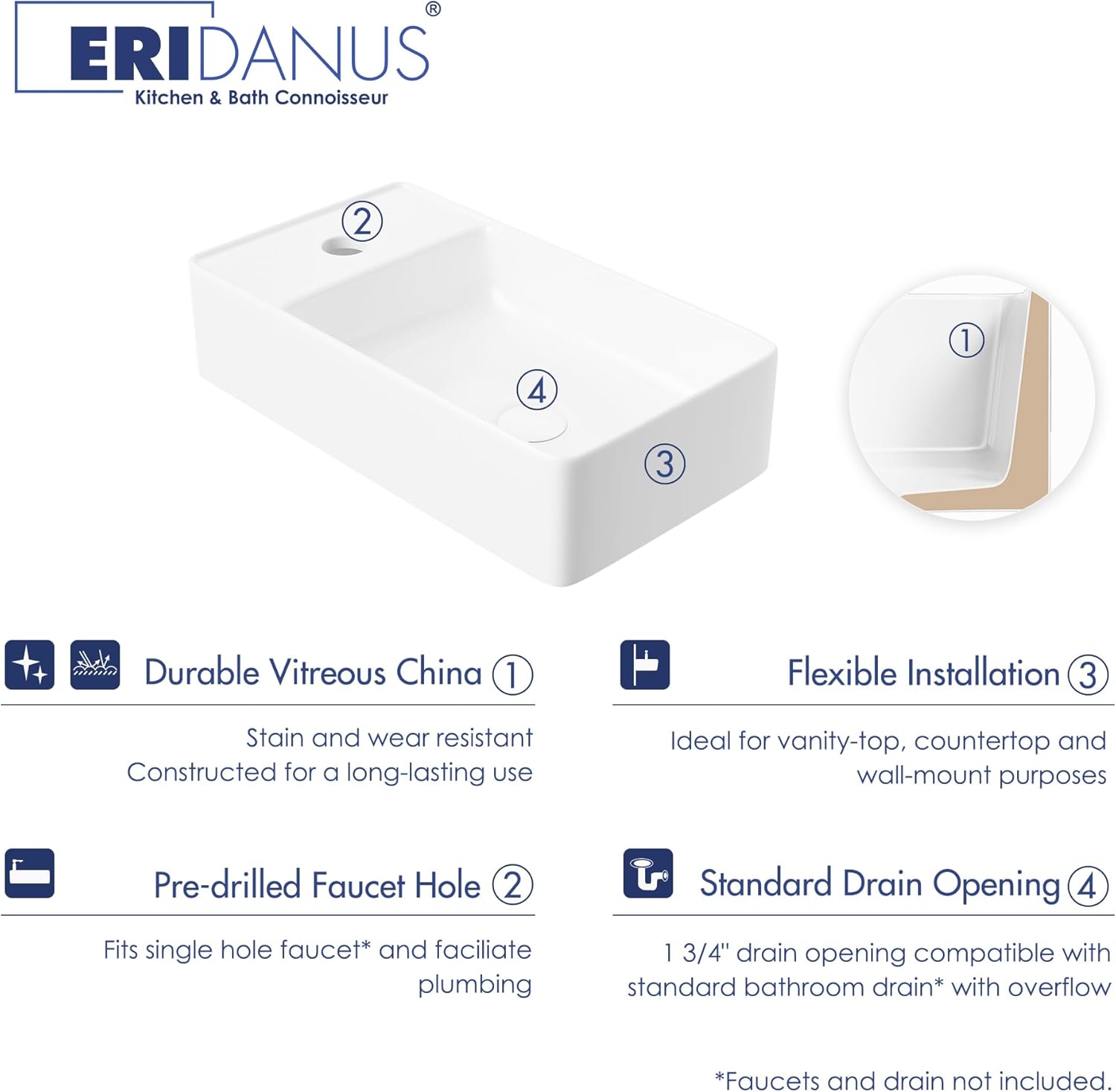 Eridanus Vessel Sink Bathroom Basin, Floating Wall Mount Ceramic Porcelain Rectangle 18" x 10", Modern Mini for Tiny Cloakroom Lavatory Corner Above Counter Vanity Save Space,Glossy White