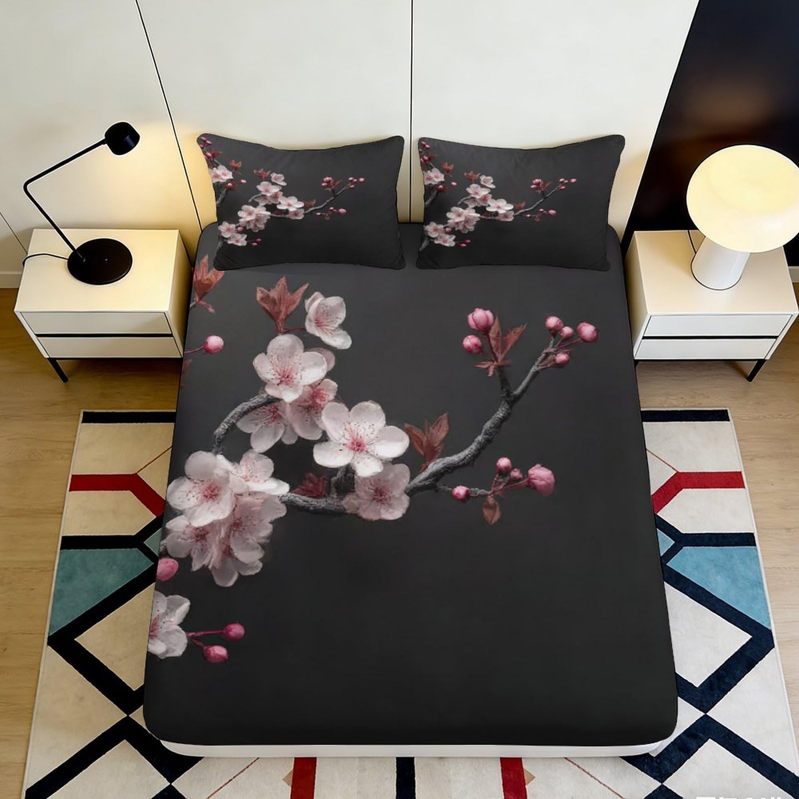 3D Printed Cherry Blossom Fitted Sheet Microfiber Soft Black Floral Mattress Cover for Bedroom Dorm Decor 140x200x25cm