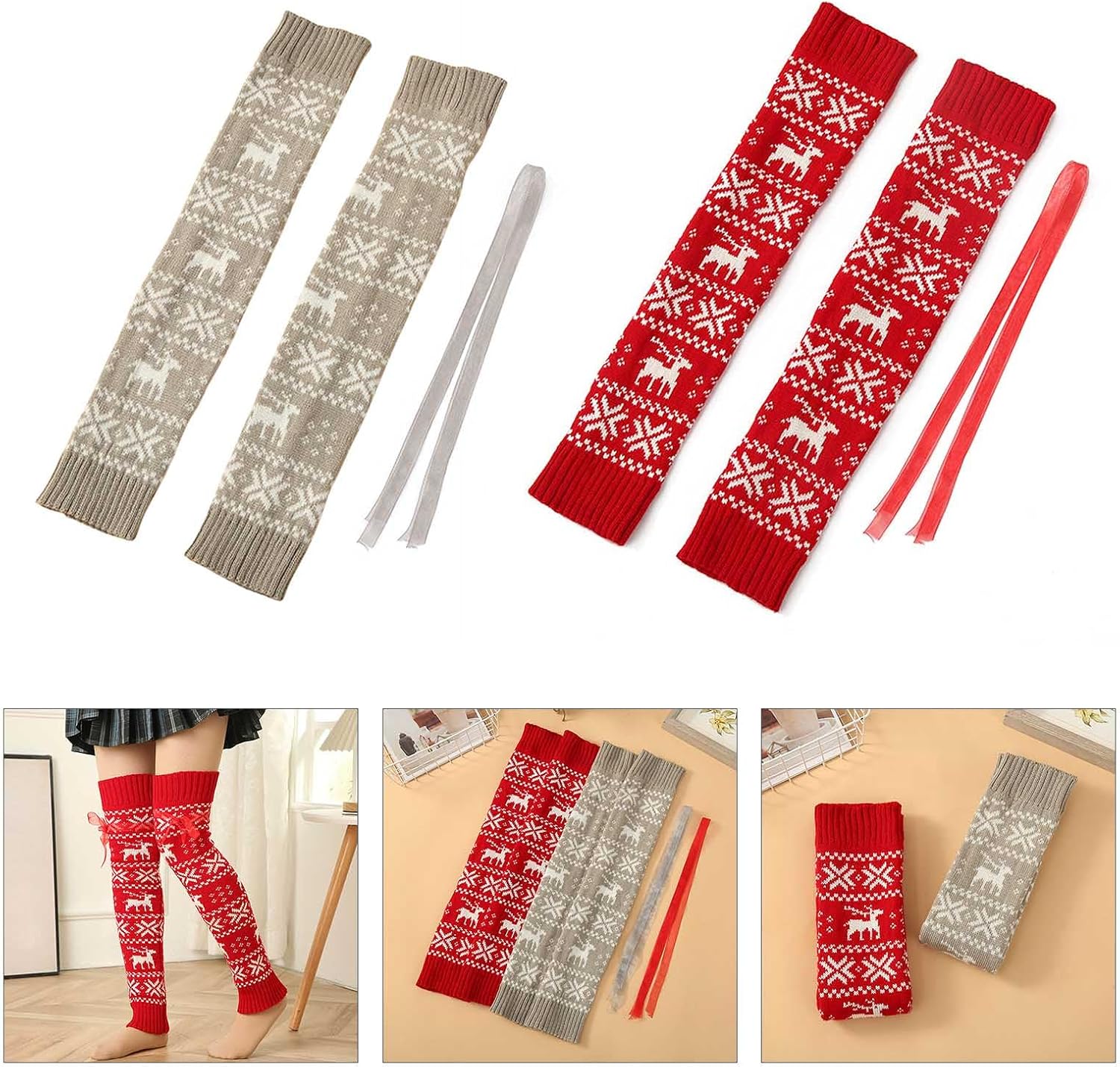 Christmas Knitted Over Knee Leg Warmers with Straps for Women Holiday Pattern Foot Covers Thigh High Footless Boot Socks Acry