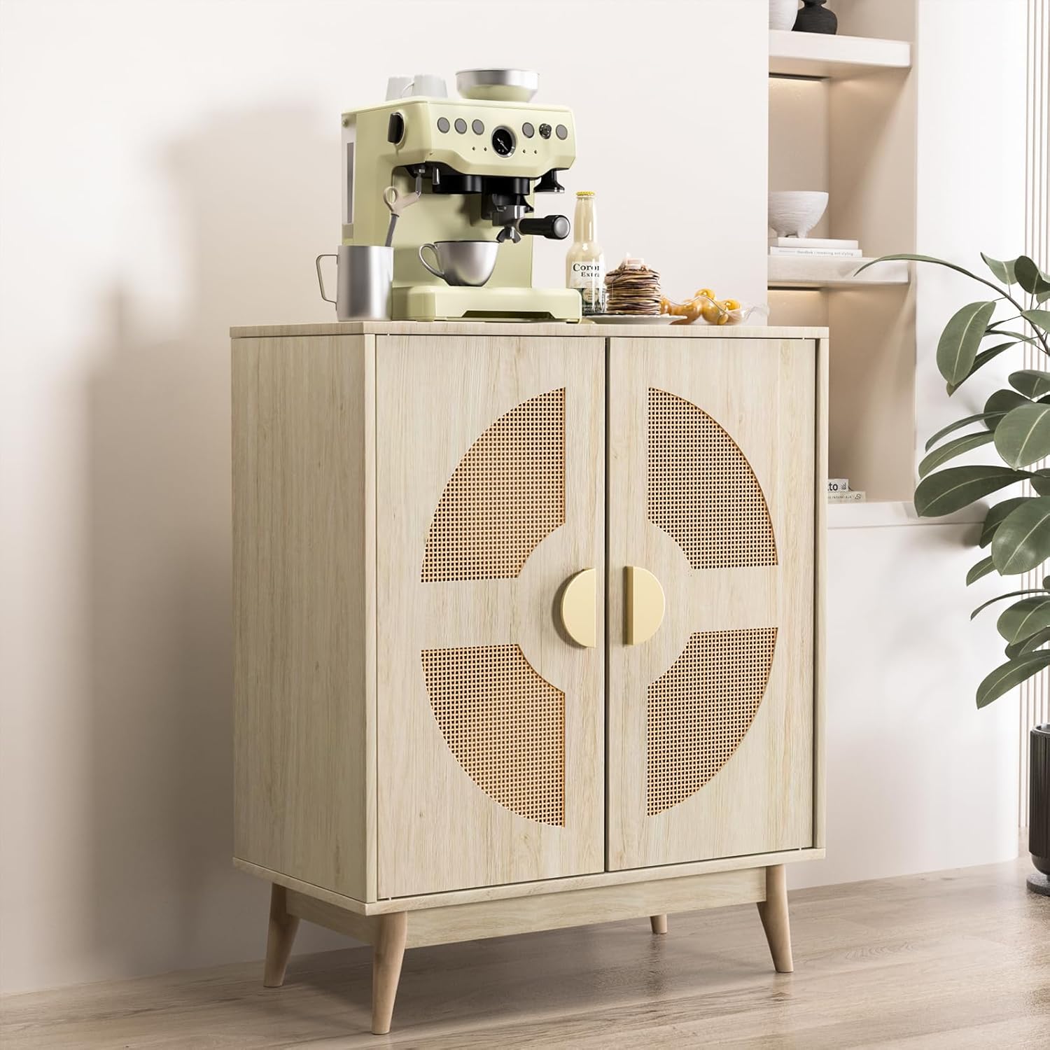 Buffet Cabinet with Storage Sideboard Accent Modern Credenza with Doors & Shelves 32.9" Rattan Media Console Mid Century Coffee Bar Table for Living Room Kitchen Dining Room Hallway