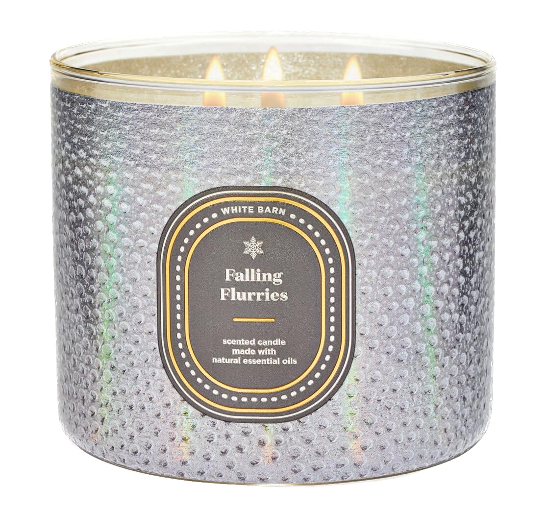 Bath + Body Works Falling Flurries Candle - 3 wick Scented Candle - Thyme + Eucalyptus + Sandalwood - Fresh Snow/Winter Scent + Metal Snuffer Lid - 14.5 ounces