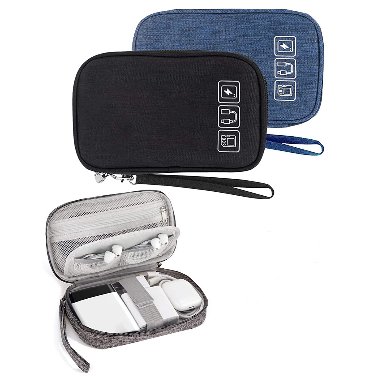 2 PCS Cable Organizer Bag, Electronics Organizer, Pouch Small Electronics Accessories Bag, Tech Cord Storage Pouch for Cable, Charger, Phone, USB, SD Card (Black + Navy)