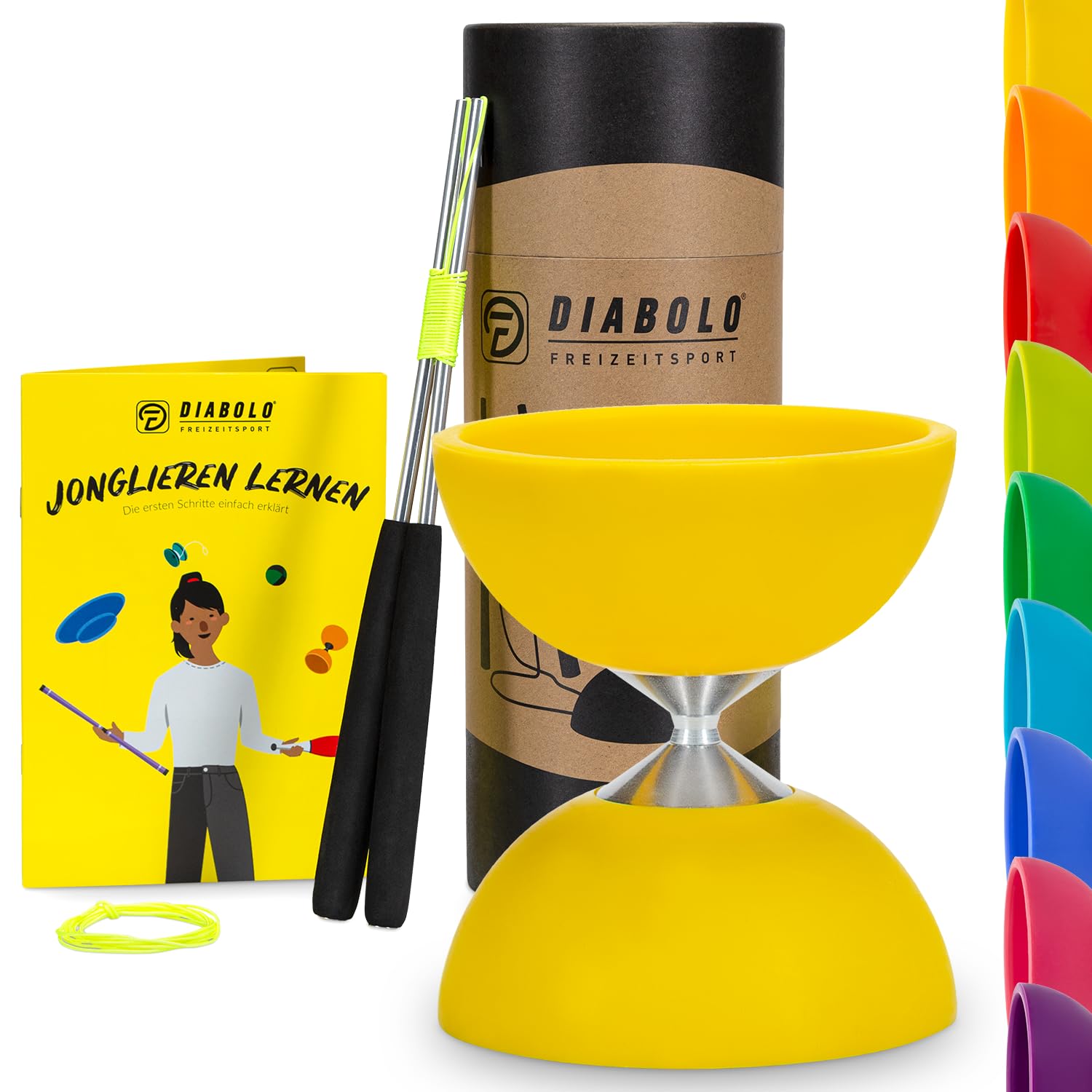 Henrys Beach Free Diabolo Pro – Set De Jonglage Avec Roulement à Billes, Baguettes Aluminium, Corde De Rechange Et Guide – Jaune, 235g, 120x140 Mm