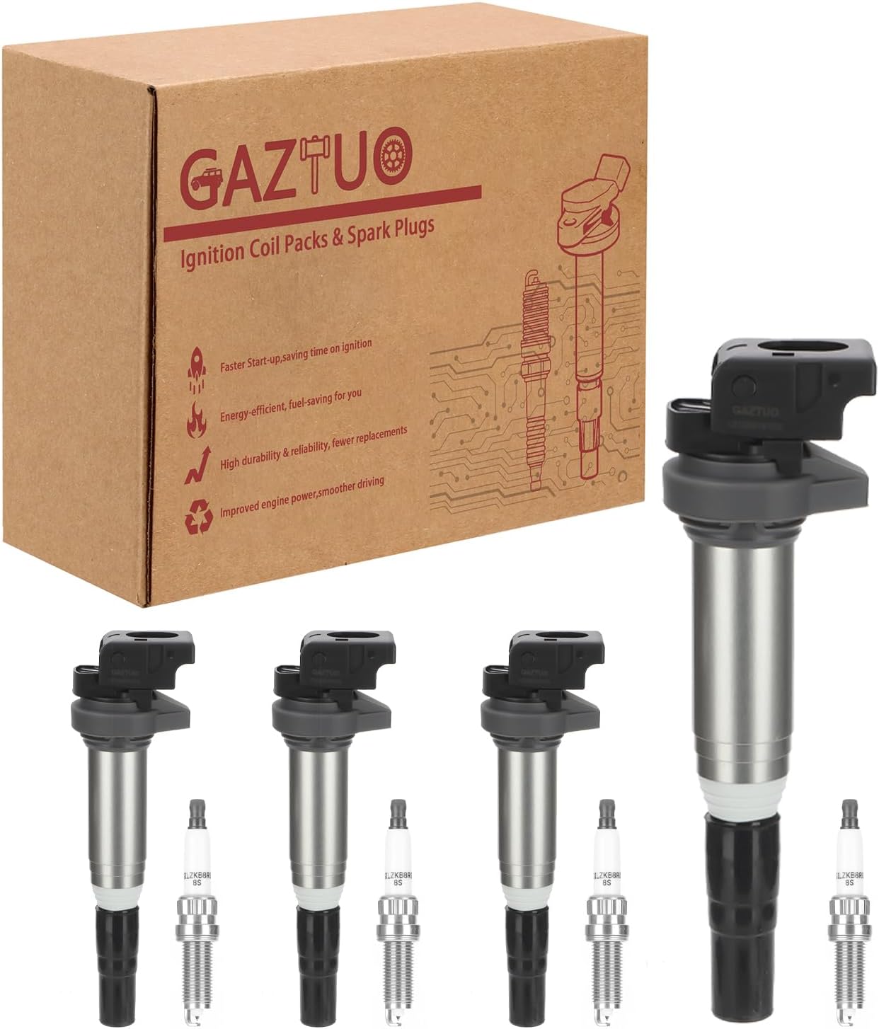 Ignition Coil Pack UF667 and Spark Plugs (Set of 4) Compatible with BMW 228i 320i 328i 428i 528i X1 X3 X4 X5 Z4 xDrive GT Gran Coupe GC 2.0L For # 12138616153 C1638 00044