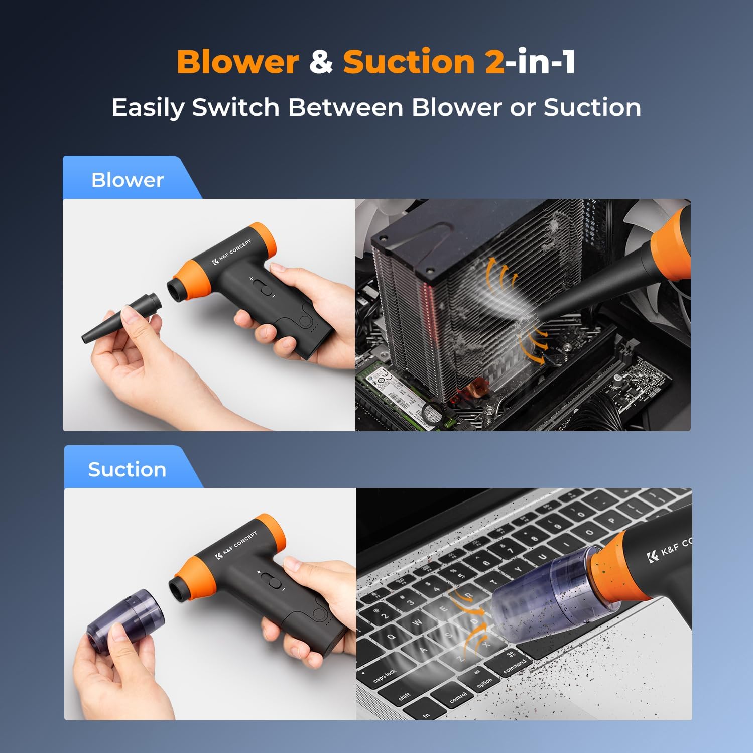 K&F CONCEPT Blower & Suction 2 in 1 Compressed Air Duster, with LED Light,150000RPM Electric Air Duster, 3 Gear Adjustable&Portable, Dust Blower for Computer, Keyboard, House, Outdoor and Car - Image 4