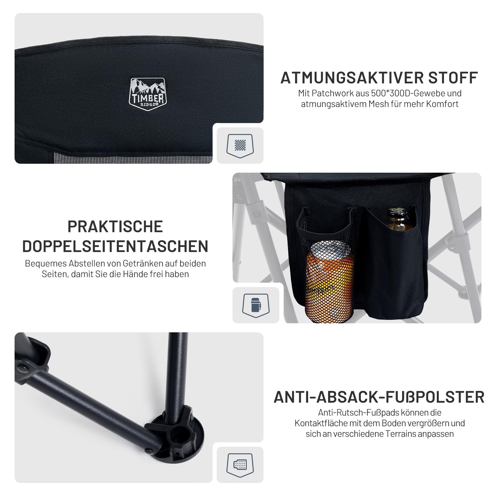 TIMBER RIDGE Campingstuhl Faltbar Leicht Klappstuhl 150 kg Belastbar mit Netzrücken Outdoor Bequem, Tragbar Strandstuhl Anglerstuhl für Festival, Angeln, Garten, Picknick, Balkon
