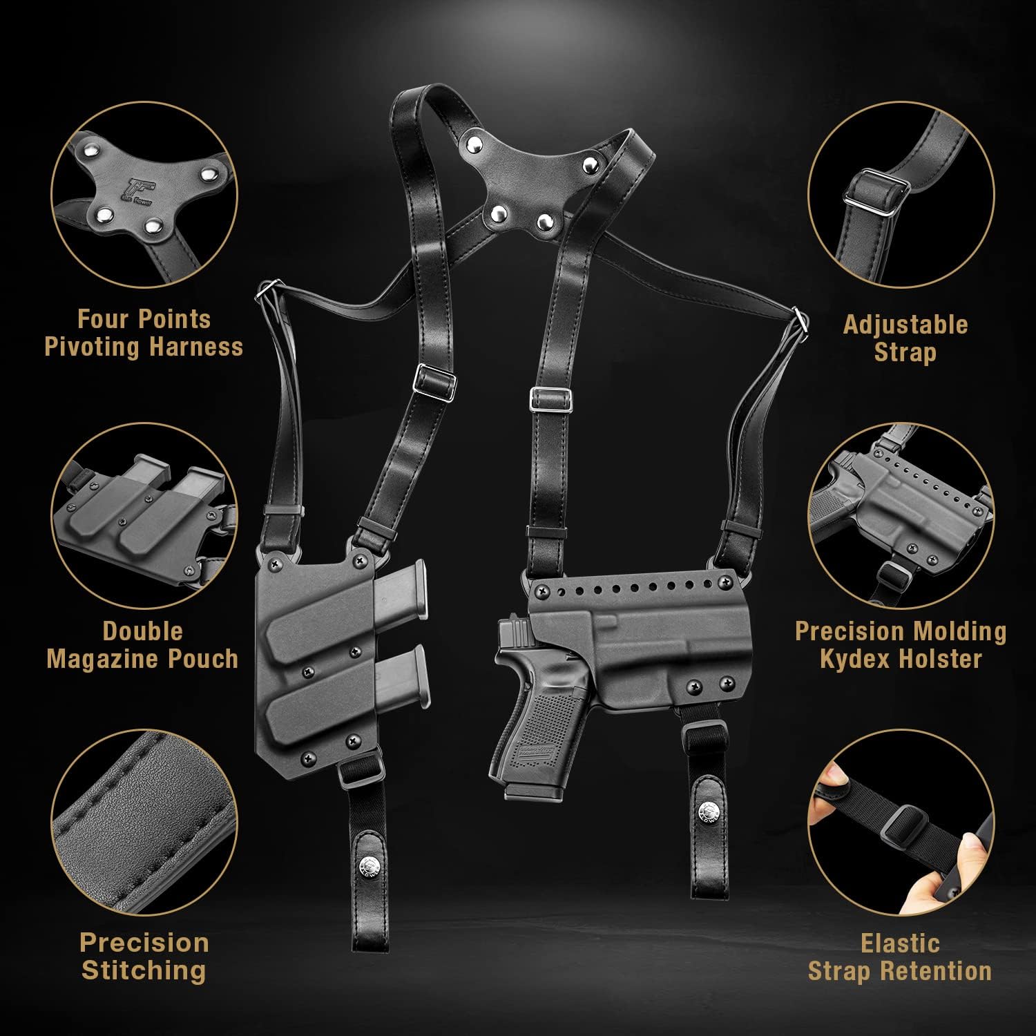 Handmade Shoulder Holster for Glock 19/17/19X/22/23/31/32/45, Full Grain Leather Strap with US Kydex Holster for Concealed Carry, Retention Adjustable, Universal Fit 9mm/.40 Double-Stack Mag