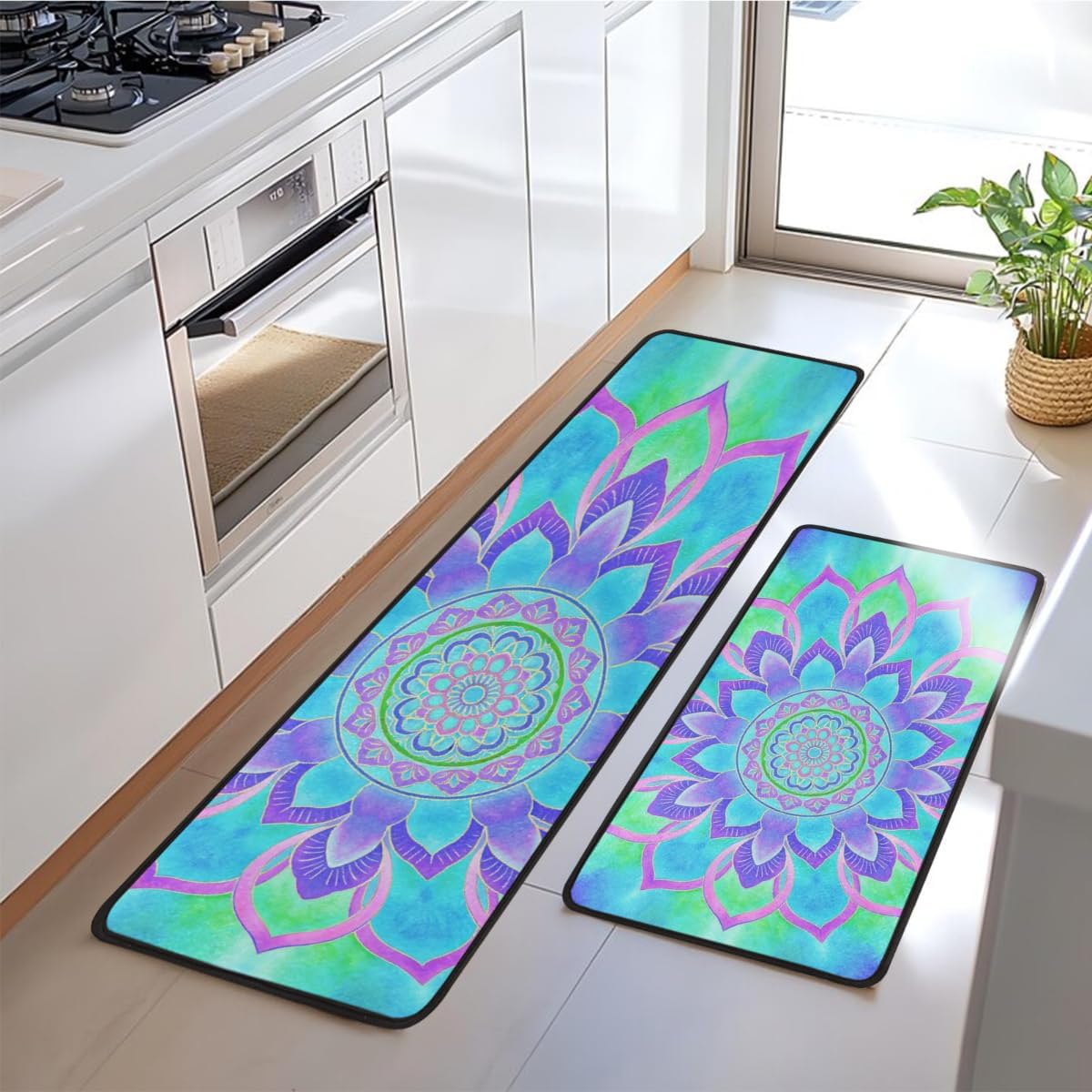 Anti Fatigue Tie Dye Mandala Kitchen Mats for Floor 2 Piece Set, Waterproof Non Slip Boho Kitchen Floor Rugs, Comfort Standing Mat for Sink Laundry & Home Kitchen 17"x47"+17"x29"