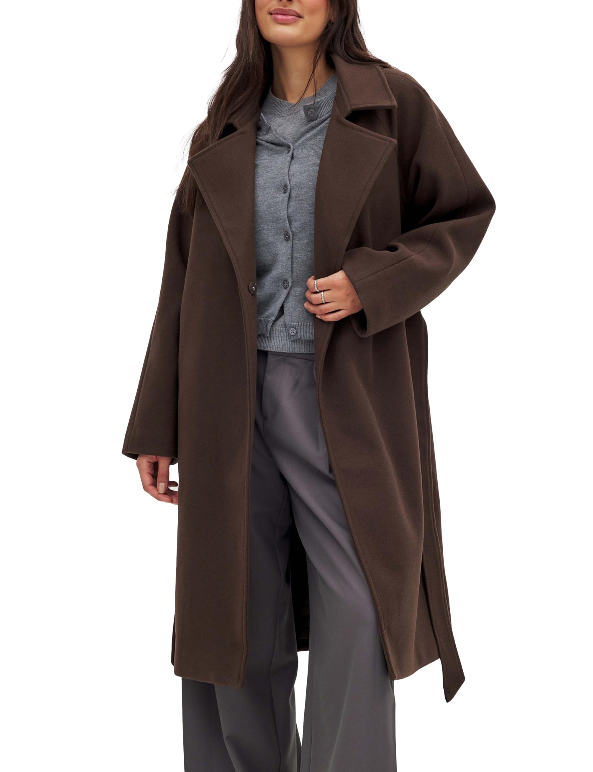 Belted Coat for Women Winter Classic Loose Open Front Notch Lapel Trench Peacoat Long Outwear with Pockets