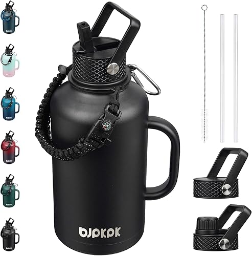 Miniatura 7 de BJPKPK Botella de agua de 1 galón aislada con tapa con pajita, 50oz, 64oz, 87oz, 128oz grande, botellas de agua de acero inoxidable con 3 tapas y